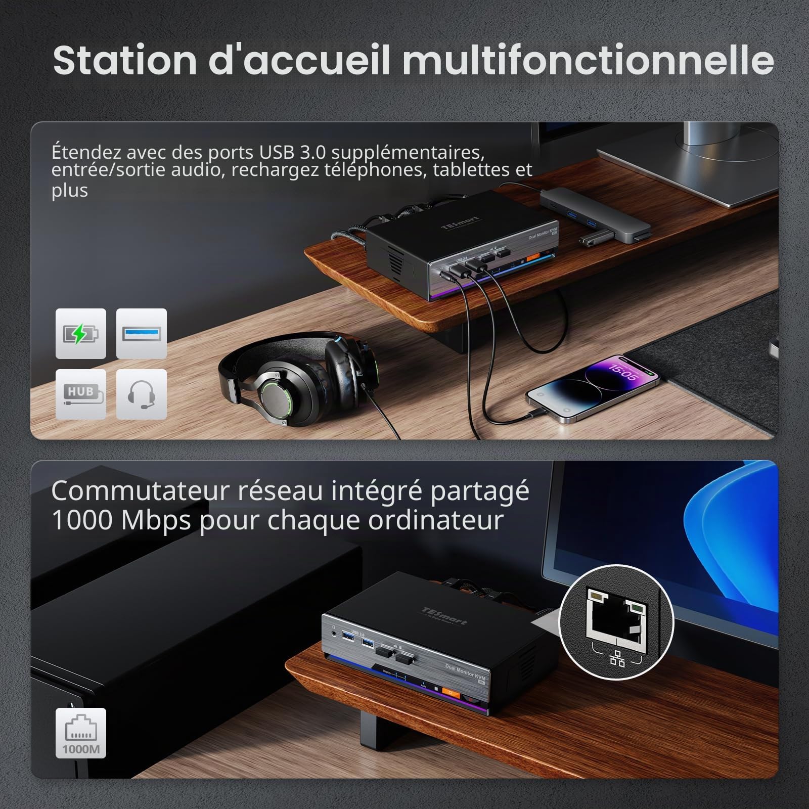 TESmart 8K@60Hz Displayport KVM Switch 2 PC 2 Moniteurs, USB 3.0 DP 1.4 Commutateurs KVM Double écran 4K@144Hz pour Gaming Dock, émulation EDID, Réseau Gigabit, Commutation Hotkey, Micro Audio