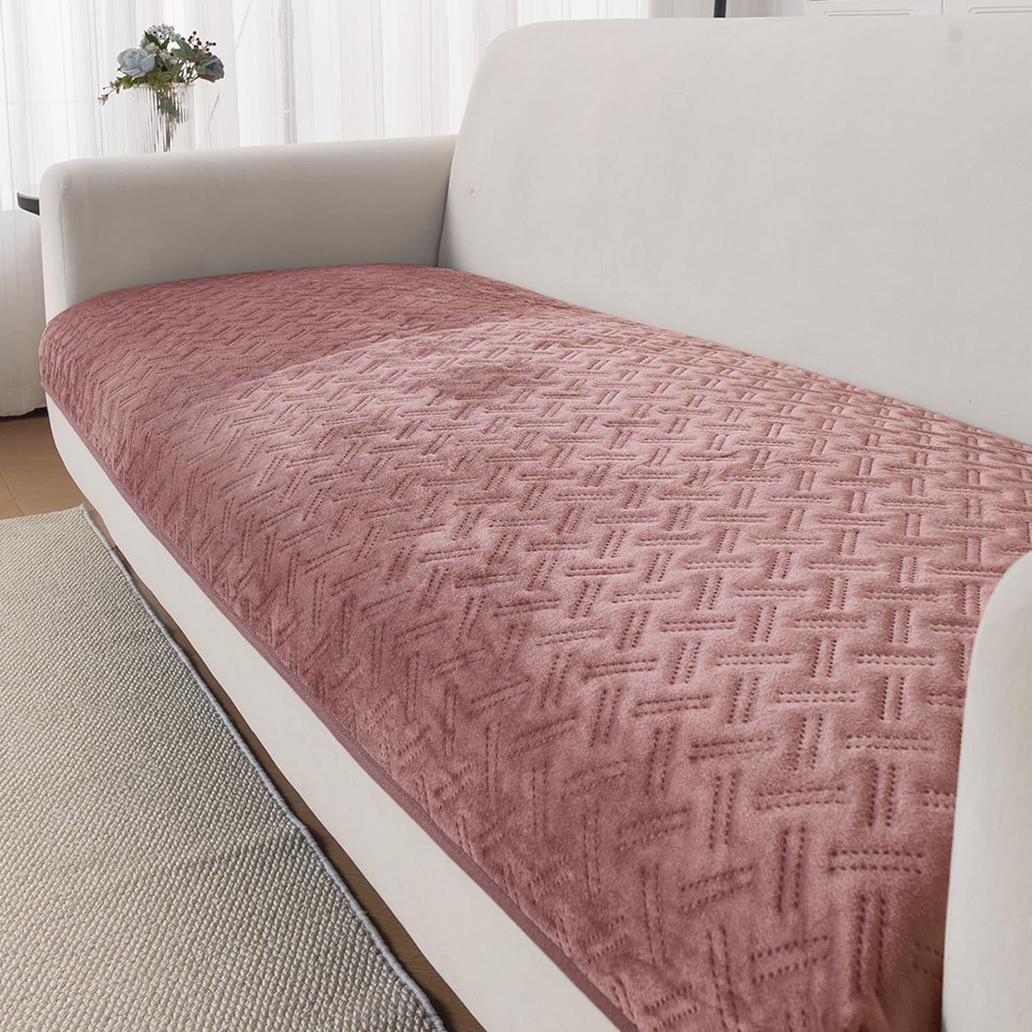 HOKIPO Premium Velvety Quilted Anti-Slip Sofa Cover Mats for L-Shape & 1/2/3 Seater Sofa | Make Your Own Sofa Cover Set, 'Softline Quilted Series' 70(W) x 170(L) cm | Dusty Rosepink (AR-6317-PNK)-image-36