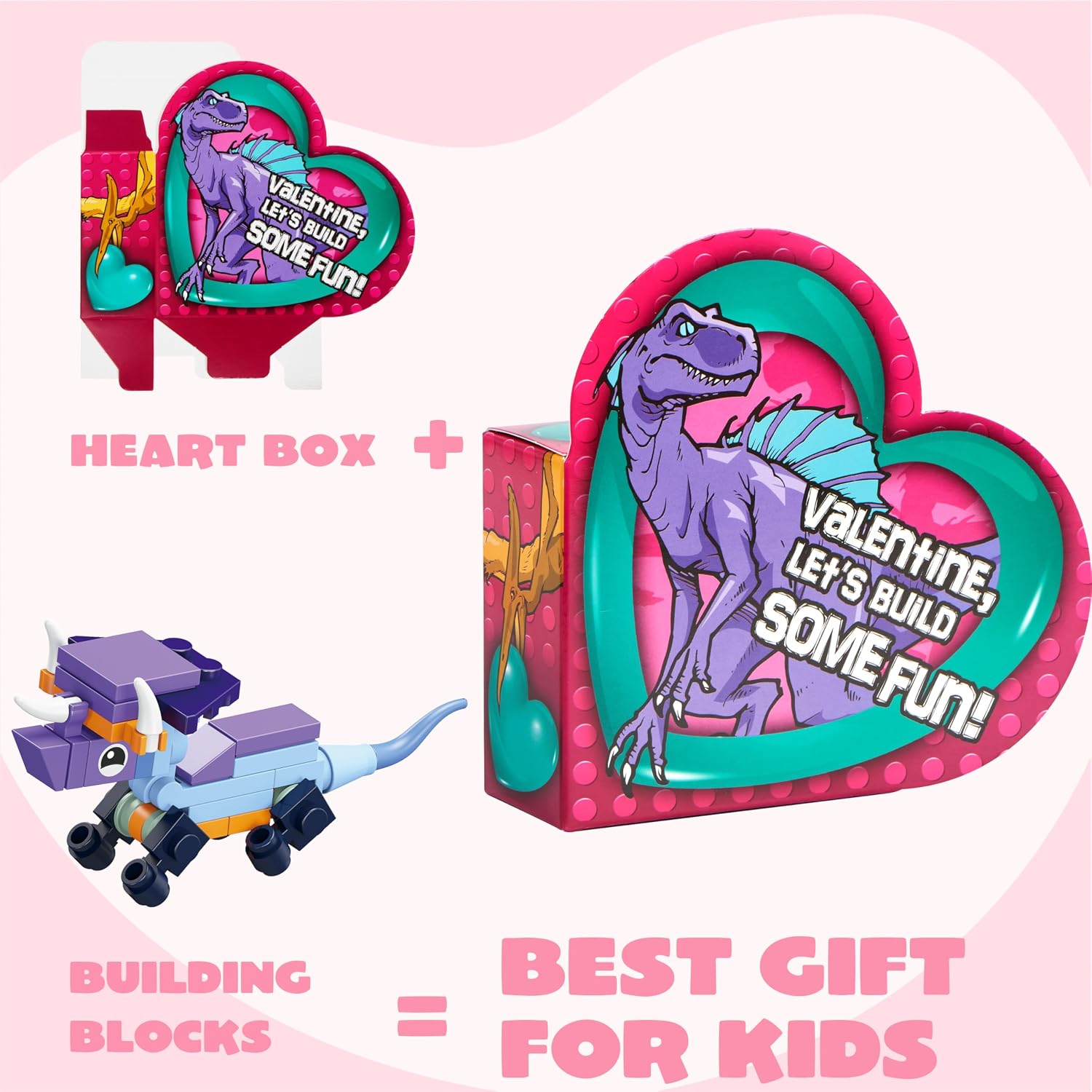 JOYIN 12 Packs Valentines Dinosaur Building Blocks Toys with Heart Boxes for Valentine Party Favors Gifts Classroom Exchange, Prize Supplies, School Rewards