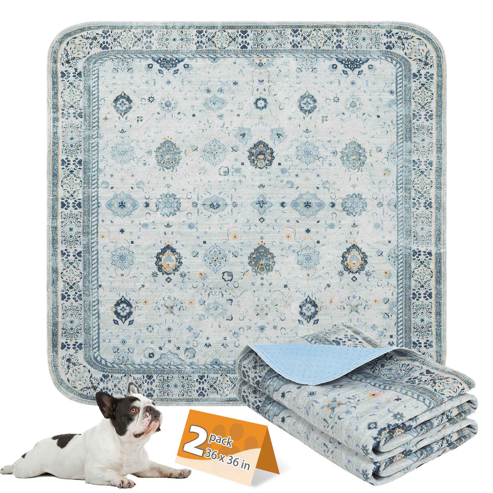 KOOLTAIL Washable Pee Pads for Dogs, 2 Pack Super Absorbent Reusable Puppy Training Pads Waterproof, Nonslip and Leak-Proof Dog Pee Pads, Large Pet Mats Whelping Pads for Floor, Crate, Couch 36"x36"