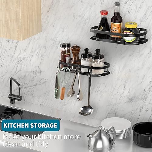 Miniatura 7 de vinlley Organizador de ducha, 1 estante de acero inoxidable SUS304, 6 ganchos, capacidad de 22 libras, instalación adhesiva, negro, paquete de 2