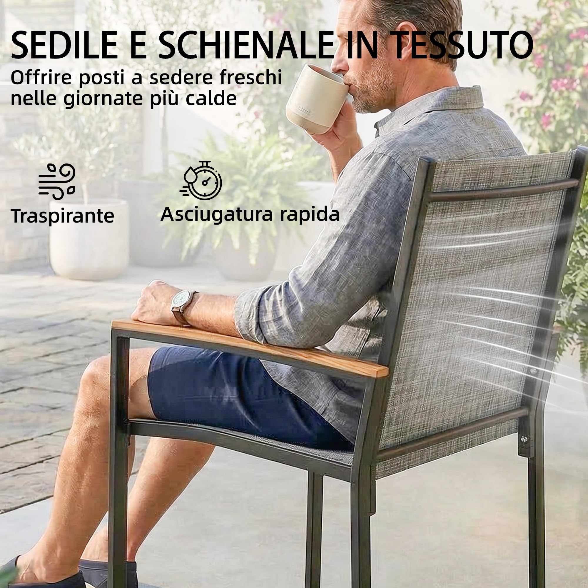 Outsunny Set da Bistrò da 3 Pezzi, Set da Giardino con 2 Sedie Texteline, Tavolo con Piano Metallo, Braccioli Decorativi, Set di Mobili da Giardino in Acciaio, per Patio Balcone Terrazzo, Grigio Misto