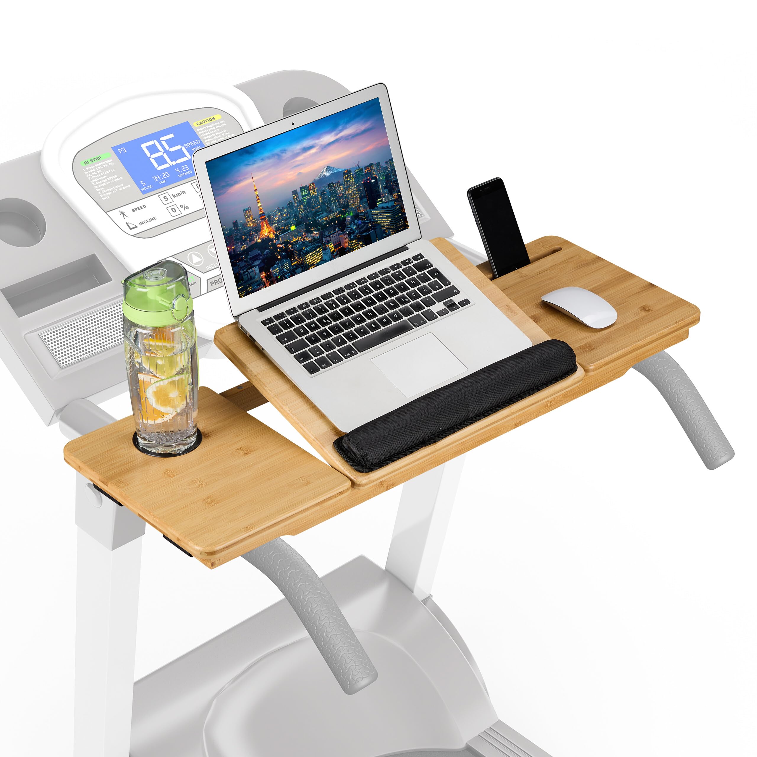 Relaxdays Laufband Schreibtischaufsatz, neigbar, Sicherungsbänder, Handy- & Getränkehalter, Bambus, Laptopständer, Natur