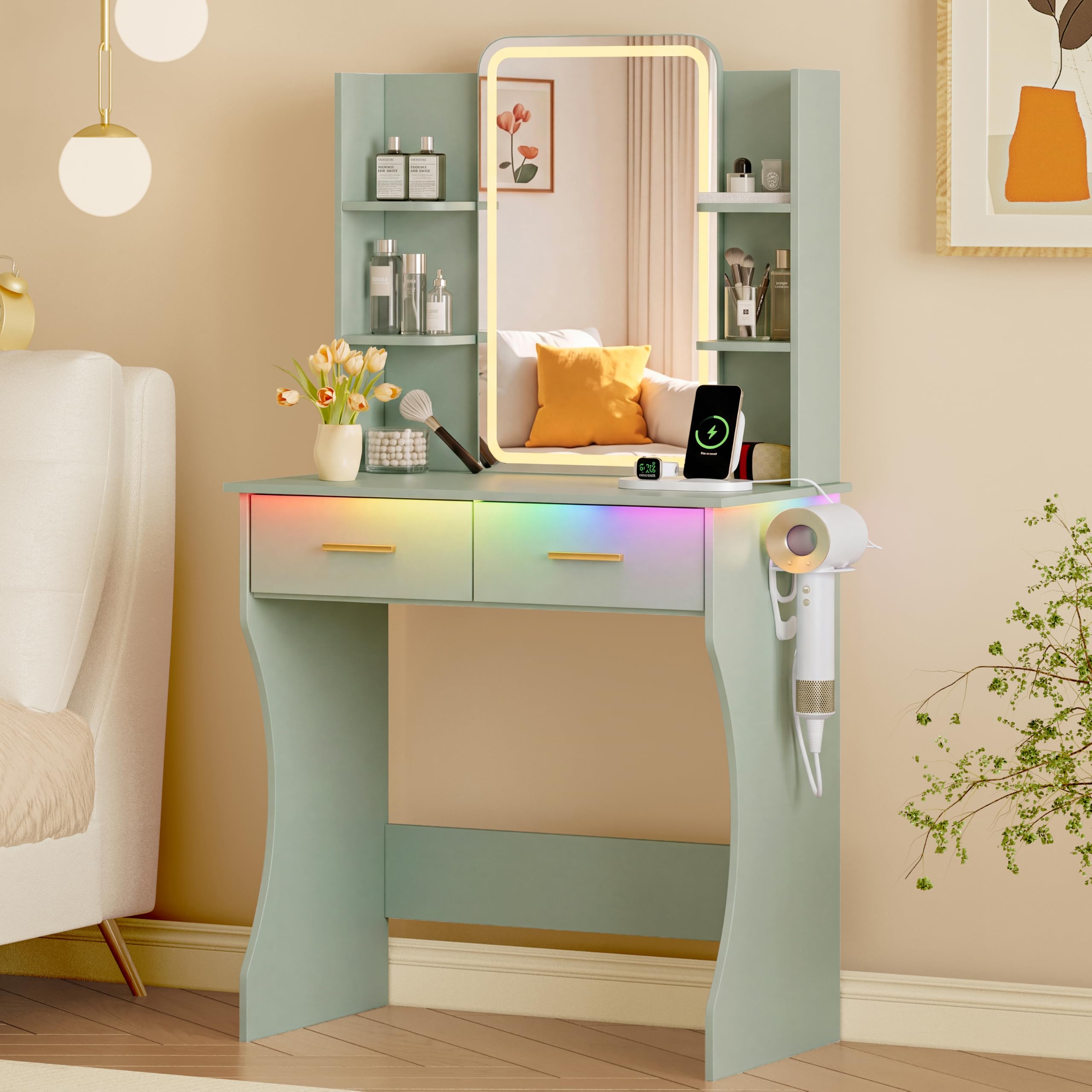 Xixini Vanity Desk with LED Lights Mirror &amp; Power Outlet, Small Makeup Vanity Table Set with Storage Drawers, 3 Lighting Modes &amp; Adjustable Brightness, Dressing Table for Women Girls Bedroom, Green