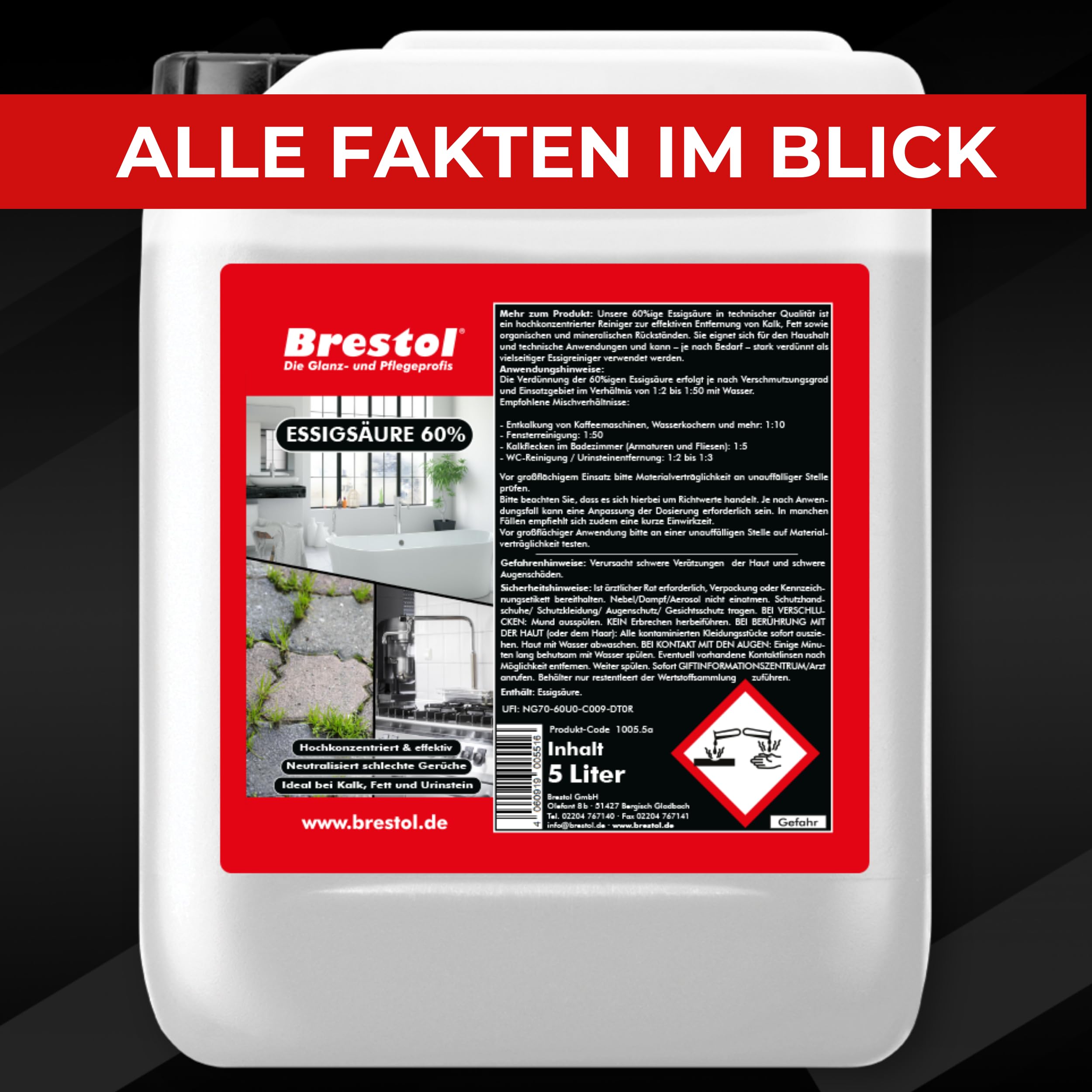 BRESTOL® Essigsäure 60 % – Hochkonzentriert für Industrie & Haushalt – Effektiver Reiniger gegen Kalk, Rost, Fett & Gerüche – Ideal für Küche, Bad, Werkstatt, Gastronomie & Maschinen – 15 L Kanister