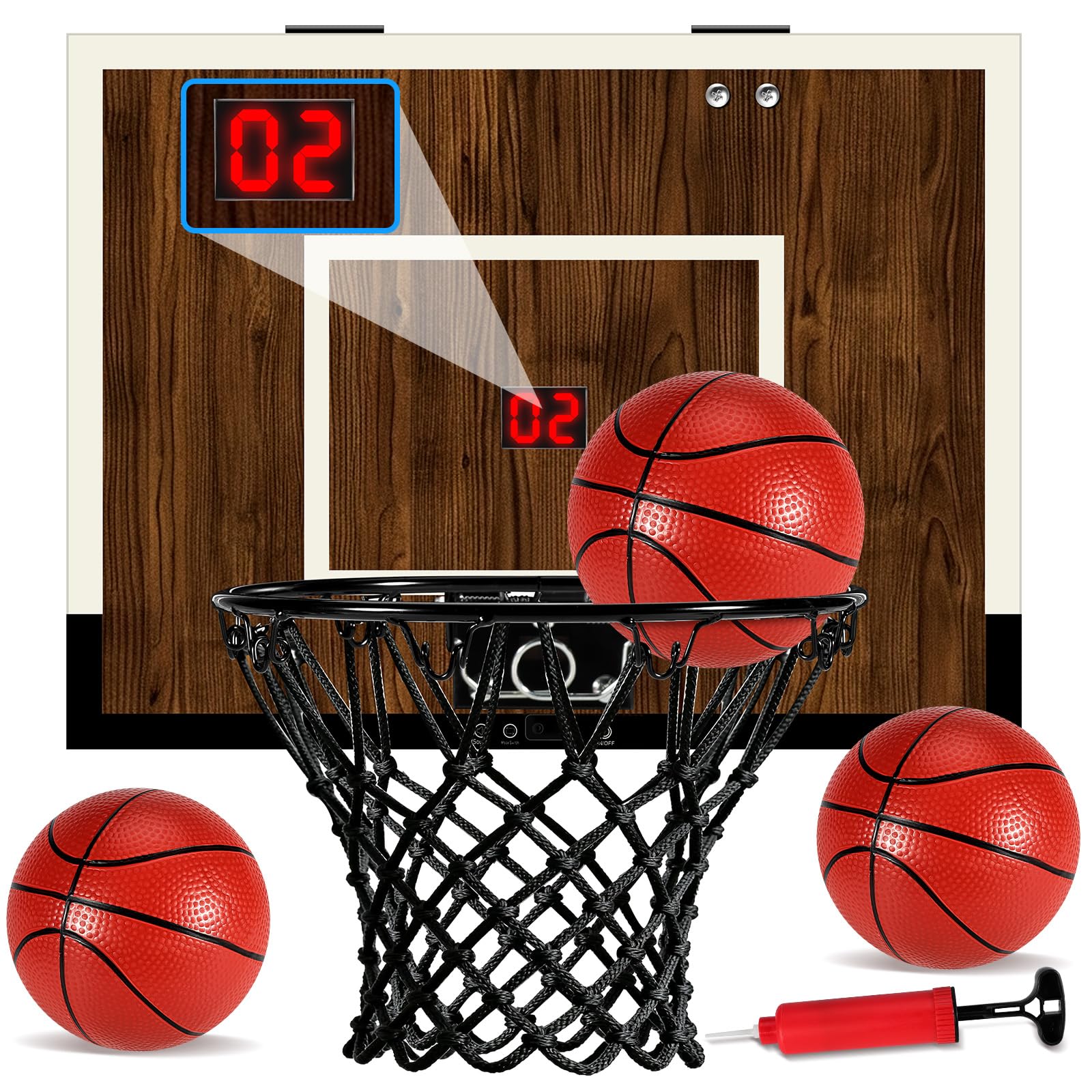 Photo 1 of Laapee Indoor Mini Basketball Hoop Set, Over The Door/Wall Mounted with 16"x12"x3" Solid Wood Backboard, Digital Scoreboard, Anti-Shock Door Protection, Includes 3 Mini Basketballs & Air Pump