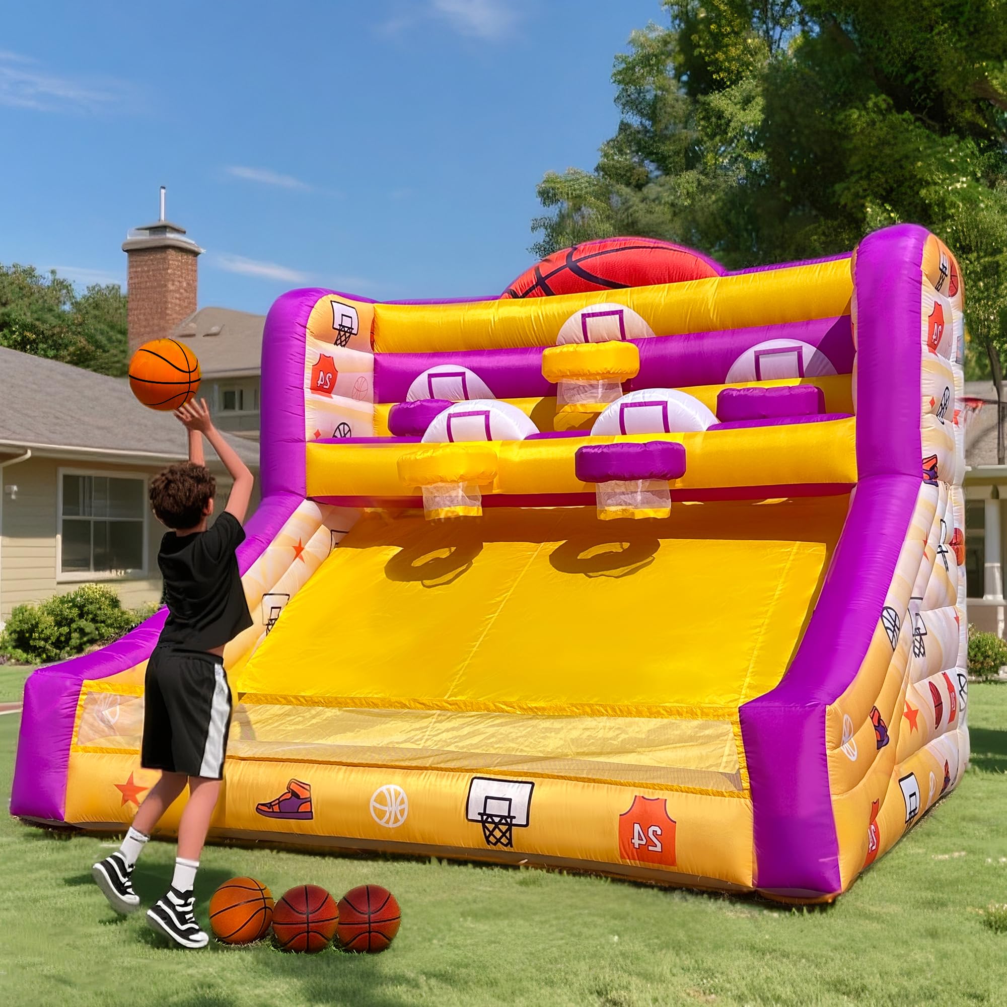 Wellcomer 13x10x10 Ft Inflatable Basketball Hoop Shot with Blower, 5 Hoops, 4 Balls, Portable Inflatable Basketball Game Ideal for Organized Events, Carnivals, Birthday Parties, Festivals