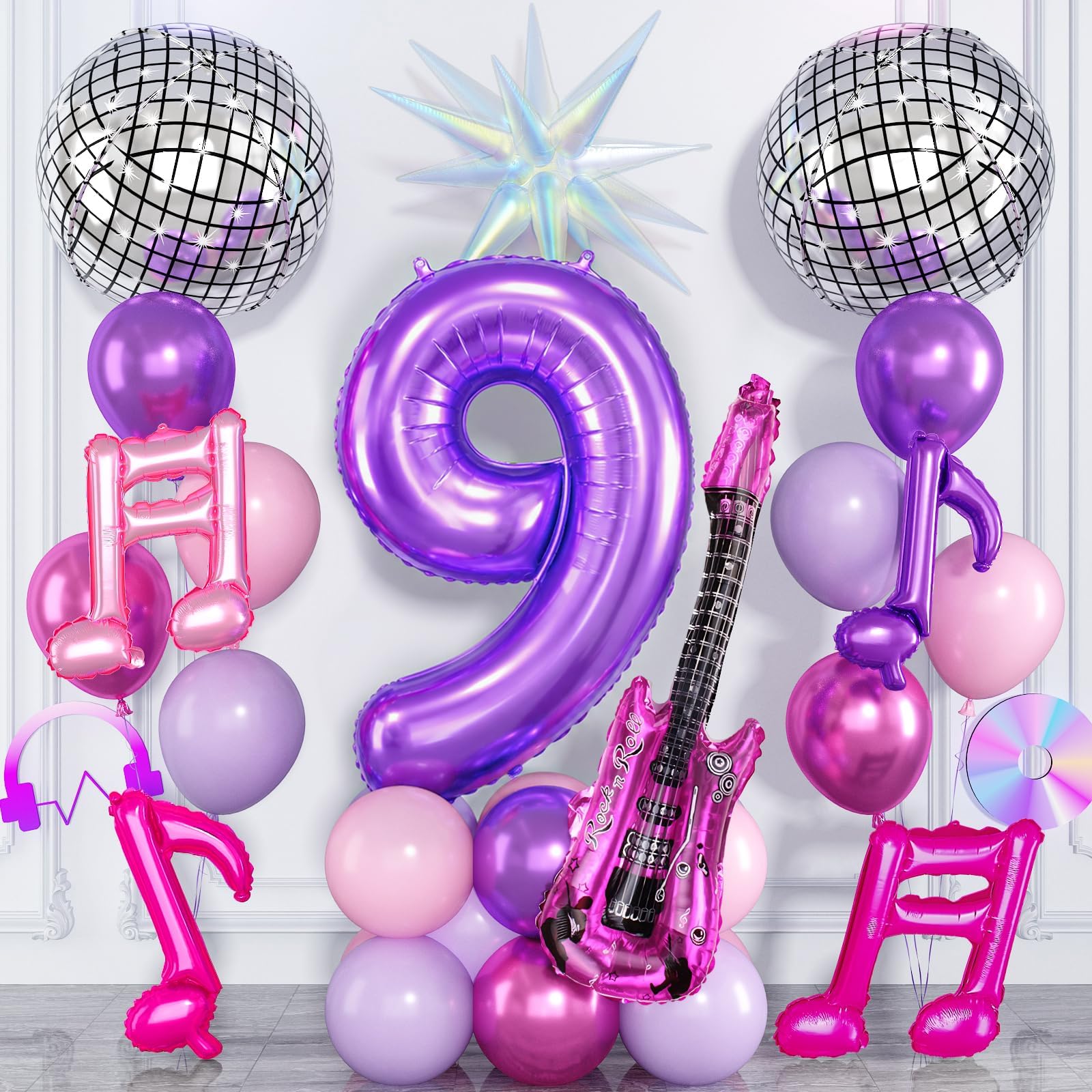Kpop 9th Birthday Decorations for Girls, 40 Inch Purple Number 9 Balloon with Music Note Disco Ball Guitar Star Balloons, Metallic Purple Pink Balloons for 9 Year Old Birthday Music Party Decorations