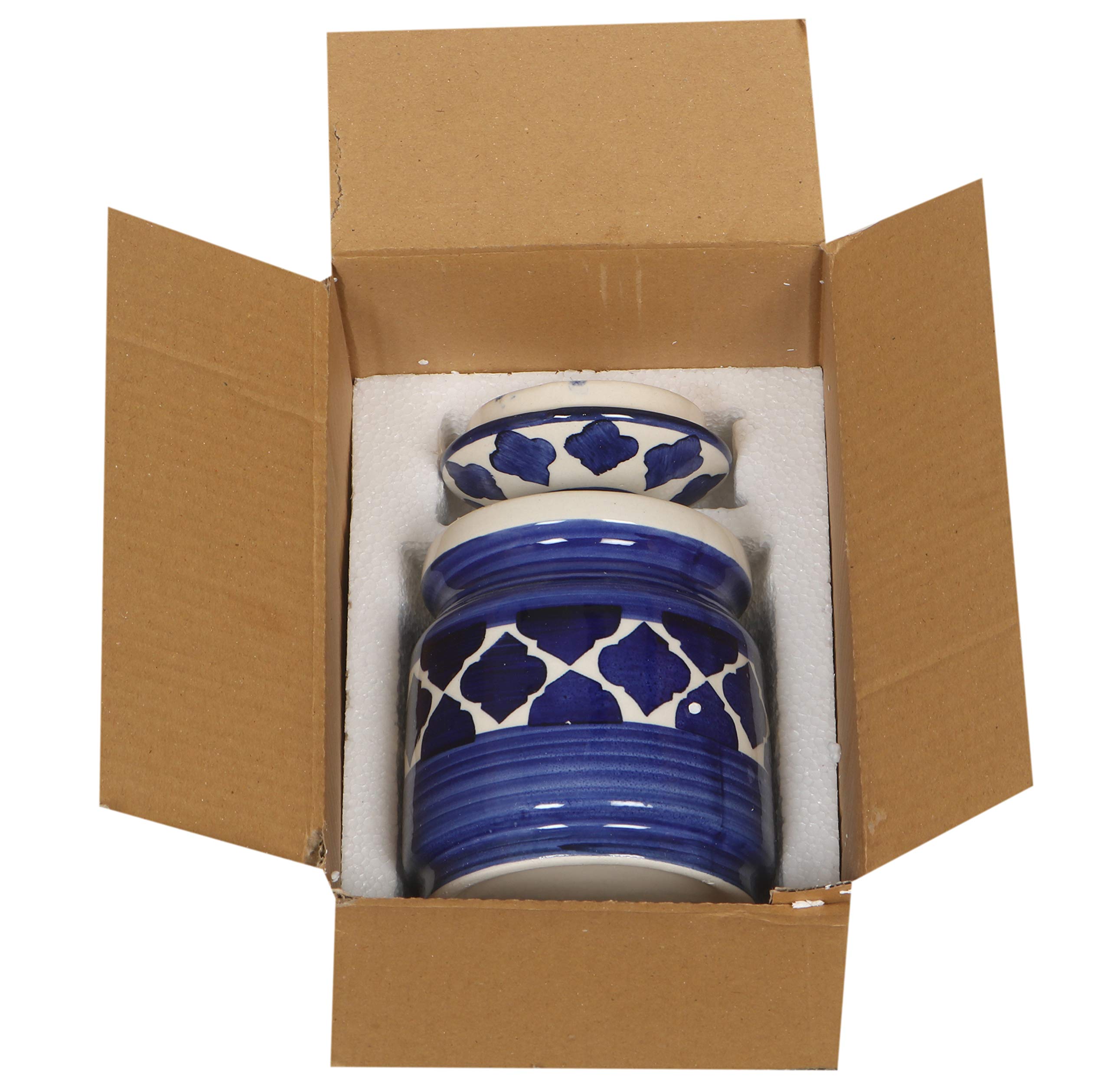 RAJ ROYAL Ceramic Hand Painted Pickle Cornichon Jar with Lid - 1.25 kg Achar Burni | Pickels Containers | Traditional Airtight Clay Canister Storage for Pickles, Chutney and Kitchen Essentials (Blue) - Image 6 thumbnail