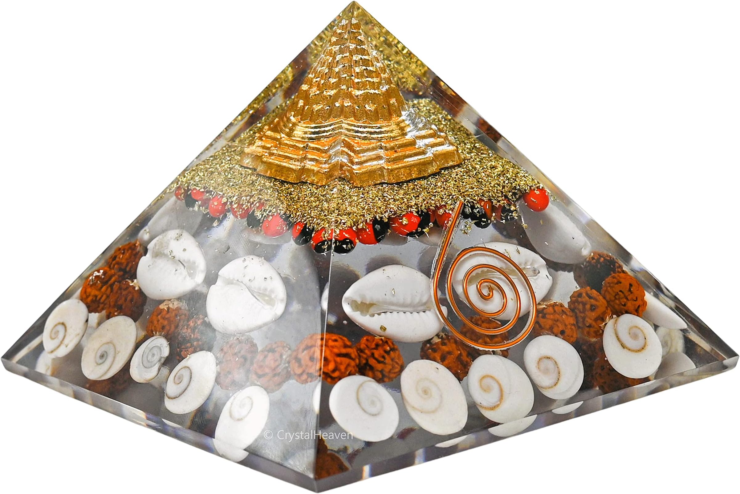 Crystal Heaven Laxmi Pyramid Original Certified Gomati Chakra, Rudraksha, Cowrie Kodi Maha Laxmi Pyramid - 90 mm Large Orgonite Pyramid with Shree Yantra - Vastu Items for Good Luck, Money & Wealth