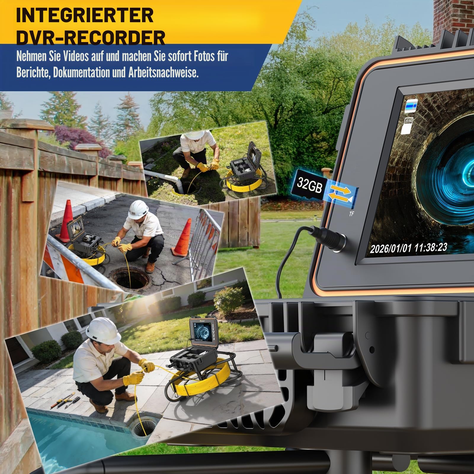 Anysun Selbstnivellierung Rohrkamera 30M, 512Hz Sender, 1080P HD 23mm Kamera, 9" IPS Inspektionskamera mit 7mm Meter-Kabel, DVR & 32GB Karte, Abflusskamera IP68 Wasserfest, 5100mAh Batterie | 9" IPS Inspektionskamera mit 7mm Meter-Kabel, DVR & 32GB Karte,