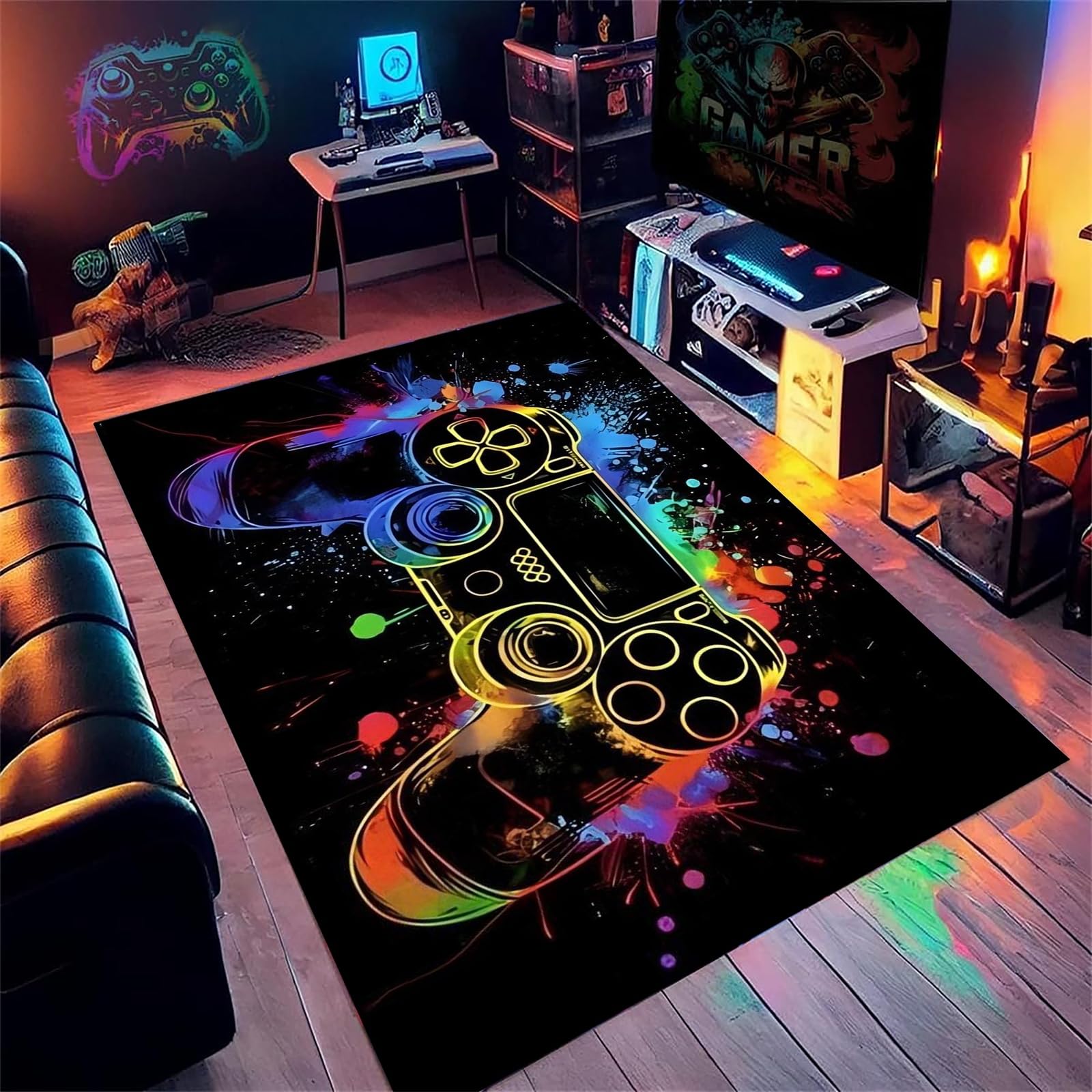 AOESELN Neon Gamepad Area Rug,180x230cm,Cool Gaming Room Rugs,Boys Gaming Accessories Carpet,Soft Non-Slip Machine Washable Bedroom Rug,For Living Room,Playroom,Boys Bedroom