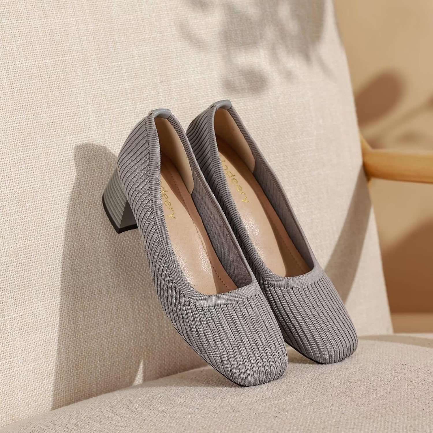 Women's Easy Slip-On Square Toe Knit Heels Comfortable Elegant Chunky Low Heel Pumps 1.57 Inches Casual Party Work Wedding Dress Shoes
