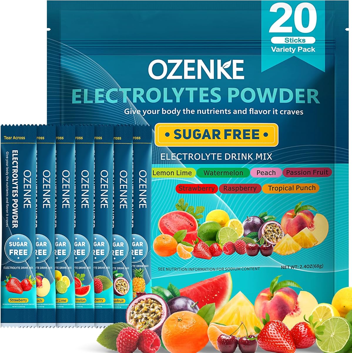 OZENKE Electrolytes Powder Packets, Hydration Packets, Electrolytes Powder No Sugar, Portable Electrolyte Drink Mix for Rapid Hydration, Sugar Free & Low Sodium | 0 Calorie | 7 Flavors | 20 Sticks