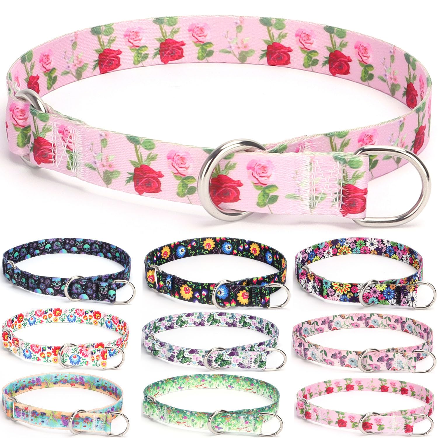 haoyueer Training Dog Collar, No Pull Martingale Collar, Slip Collar with Slidable Stop Ring for Small Medium, Large Dogs (L, Roses)
