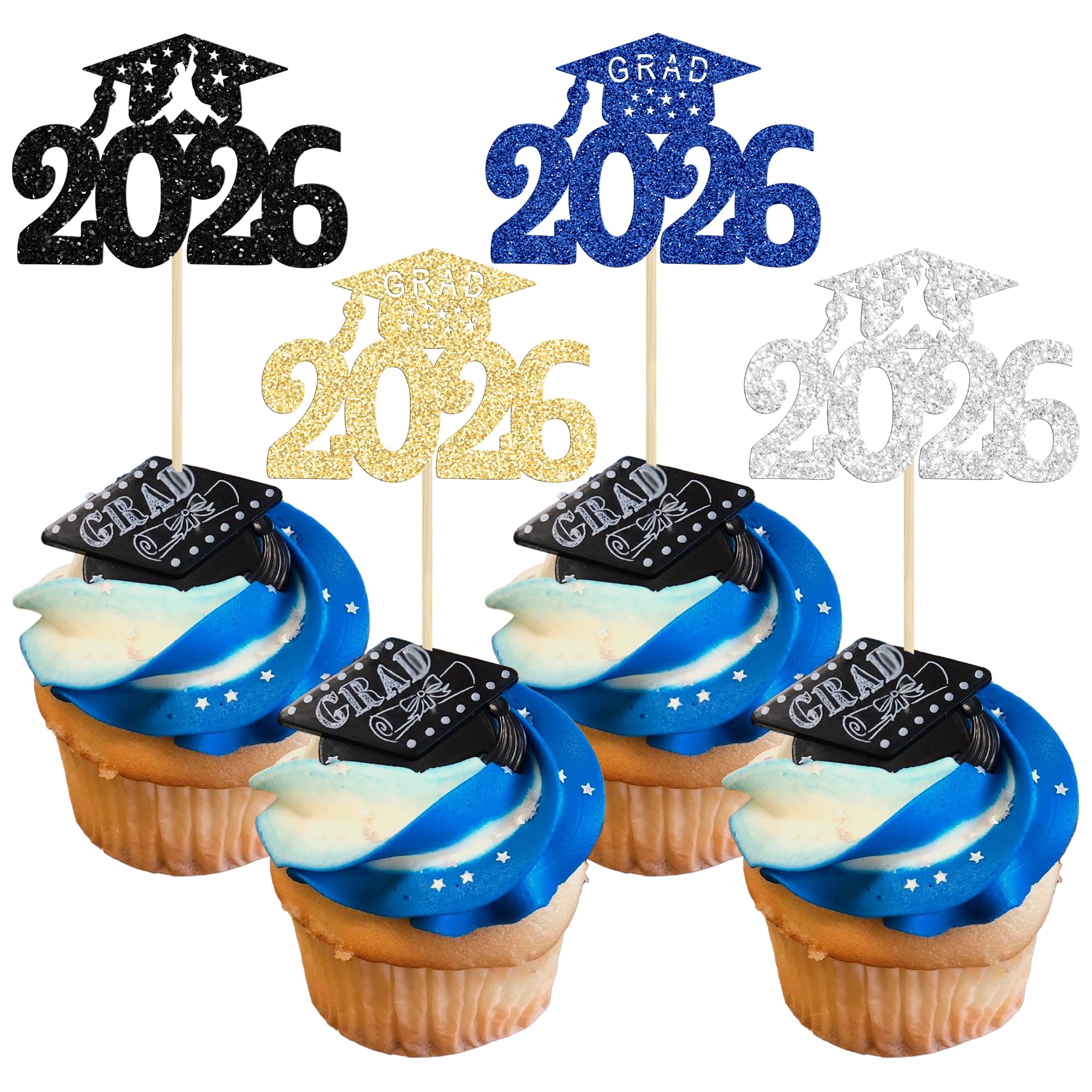 Gyufise 24Pcs 2026 Graduation Theme Cupcake Toppers Glitter Class of 2026 Graduation Cap Diploma Cupcake Picks 2026 Graduation Theme Party Cake Decorations Supplies Multicolor