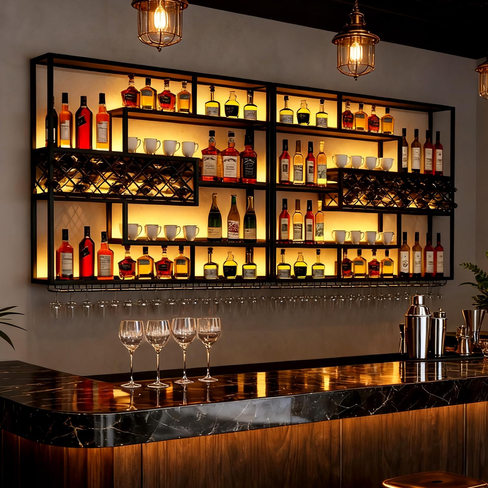 Moderno Botellero Montado en la Pared, Grande Estante de Vino Industrial de Metal con Portavasos, 4 Niveles Flotante para Exhibición de Vino para Barra, el hogar, Restaurante (199CM)