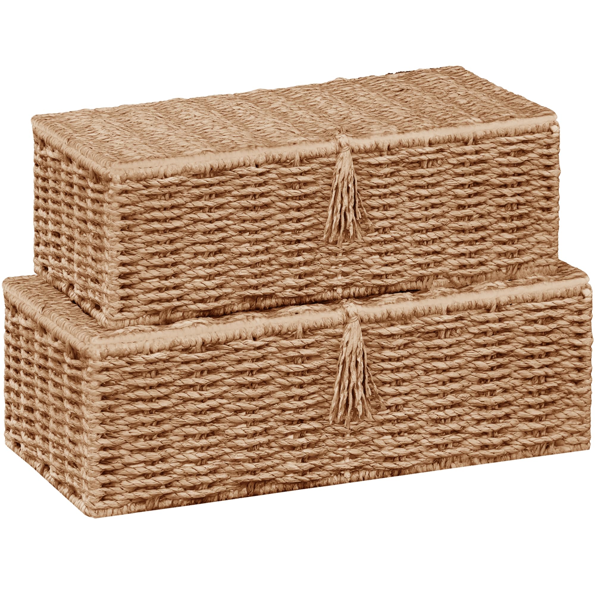 Vagusicc Storage Boxes with Lid, Handwoven Set of 2 Wicker Storage Baskets for Organizing, Nesting Storage Basket for Shelves, Small Shelf Hamper Organiser for Bathroom, Bedroom (Natural, Large+Small)