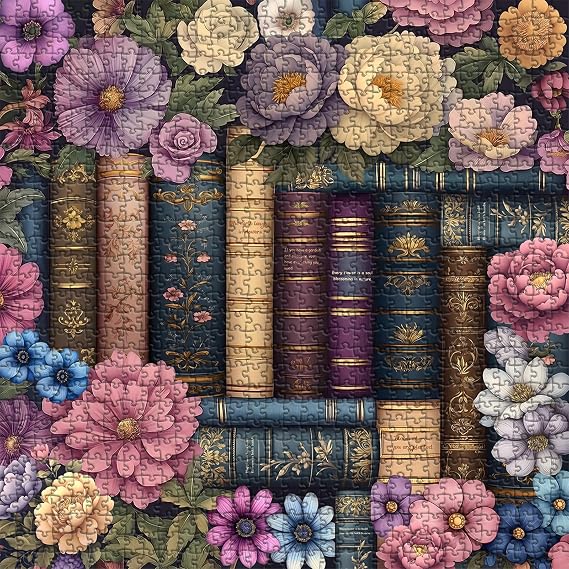 Vintage Book Puzzle for Adults 1000 Pieces,Book Flower Puzzle Bookshelf Library,PICKFORU Wildflower Pages Jigsaw Puzzles 1000 Pieces, Retro Literary Garden Floral Aesthetic Art