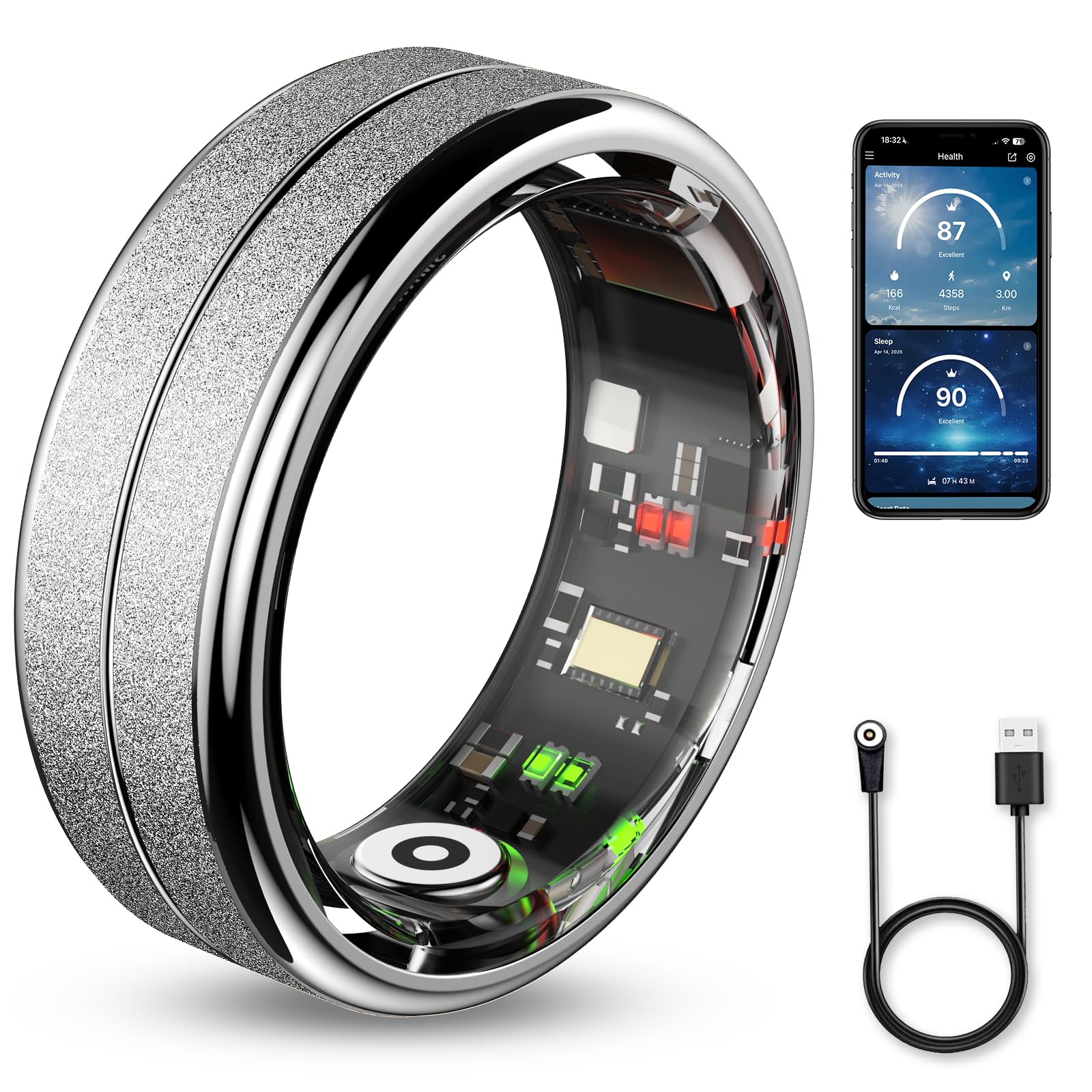 Smart Ring Bracelet de suivi de santé pour homme et femme, sommeil, fréquence cardiaque, stress, oxygène dans le sang, modes sportifs, température de la peau, anneau de fitness étanche 5 ATM