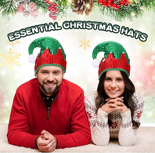 Miniatura 6 de Panitay 3 sombreros de elfo de Navidad unisex de fieltro de Papá Noel, sombrero de lentejuelas con campanas, sombrero de fieltro brillante de