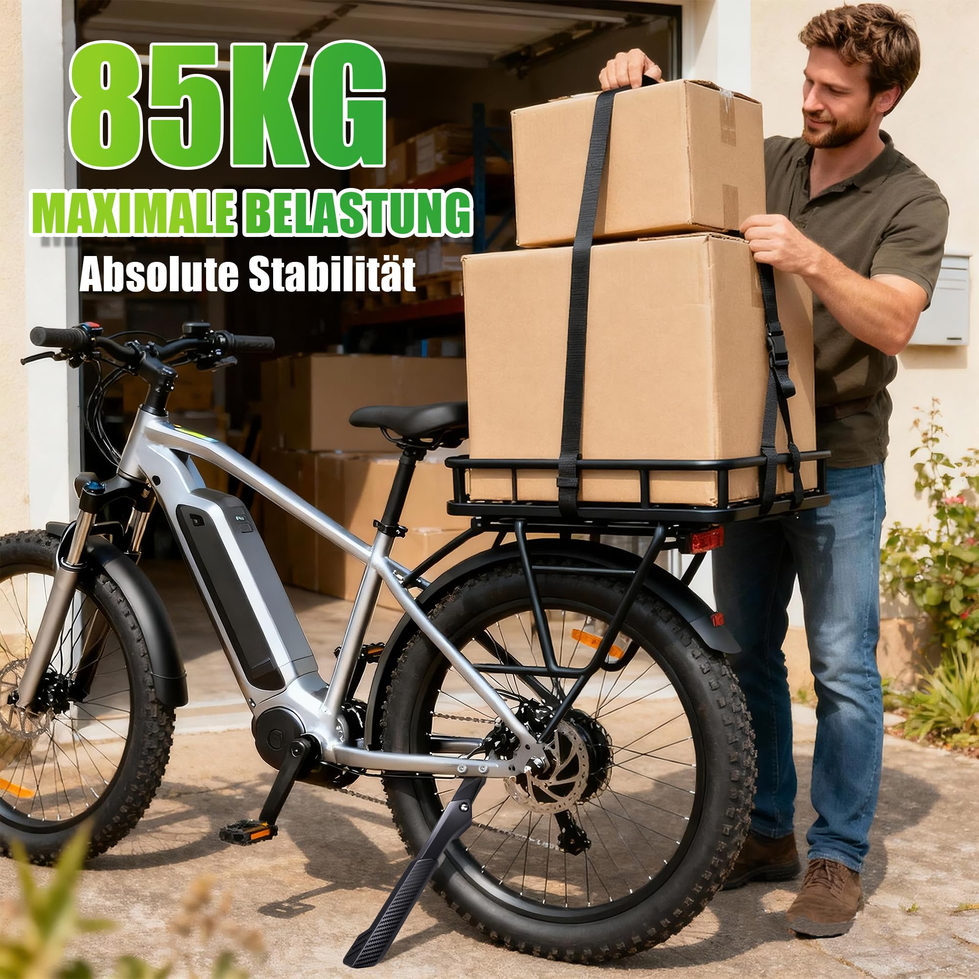 RBRL E-Bike Fahrradständer (Hinterrad) – Mit 2 Löchern 40 mm, Höhenverstellbar 27–33 cm, 85 kg Tragkraft, Extra Stabiler Aluminium Seitenständer für 26–29 Zoll
