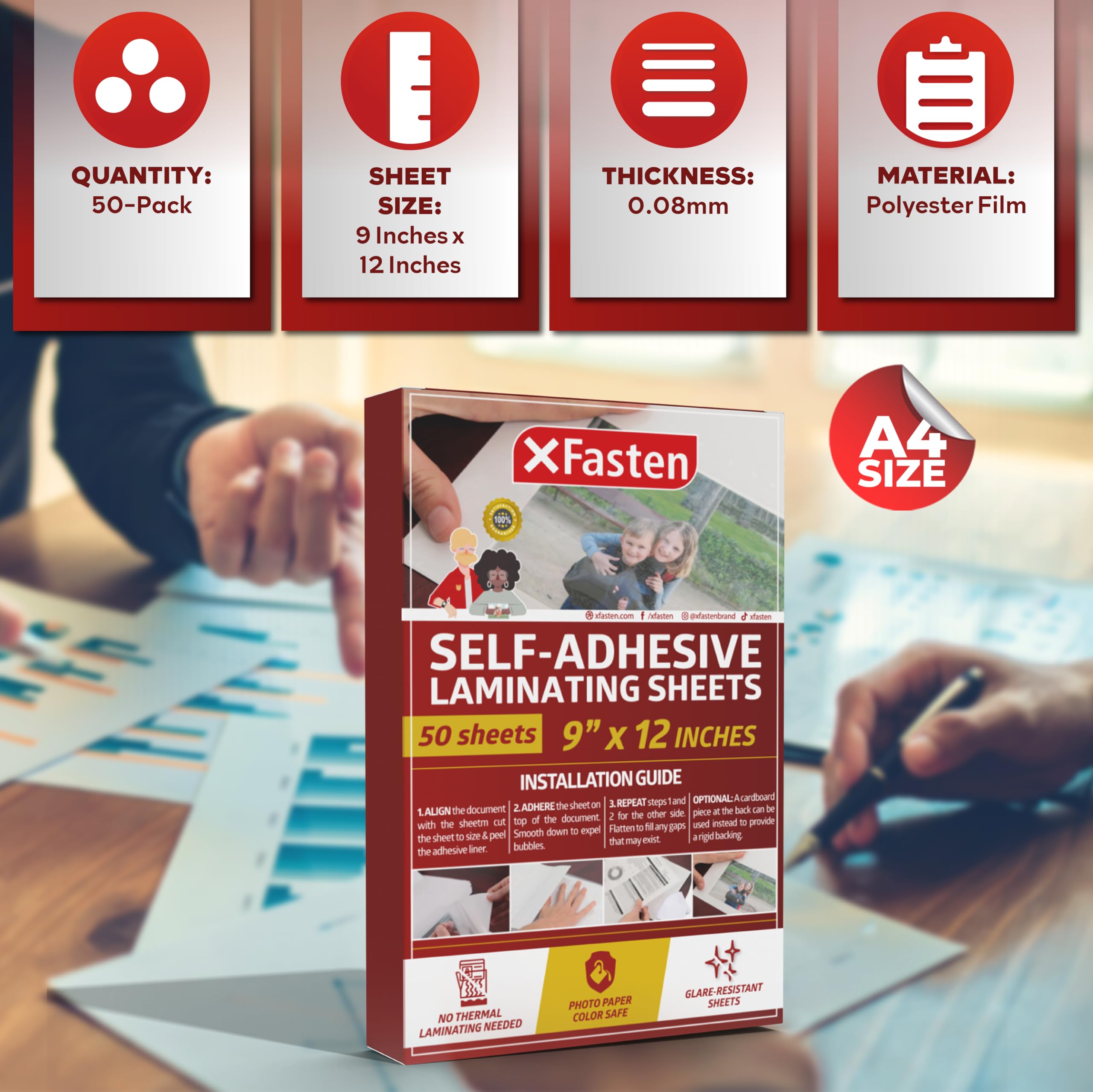 XFasten Láminas de Plastificar Autoadhesivas, 9 x 12 Pulgadas (Paquete de 50), 4.76 de Espesor