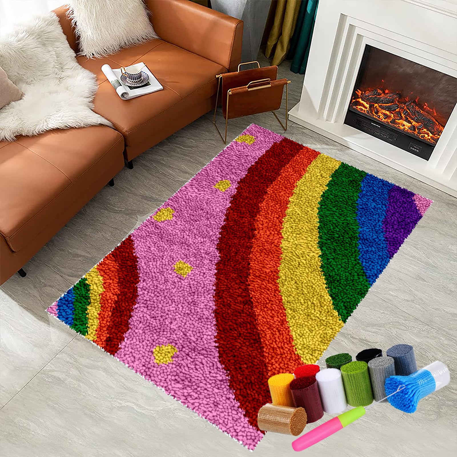 Latch Hook Kits for Adults Beginners, Tapestry Kits, Latch Hook Rug Kit for Home Décor, DIY Rug Making Kit for Adults with Printed Patterns, Canvas Yarn Latch Hook Kit, Crochet Kit 130 x 150 cm
