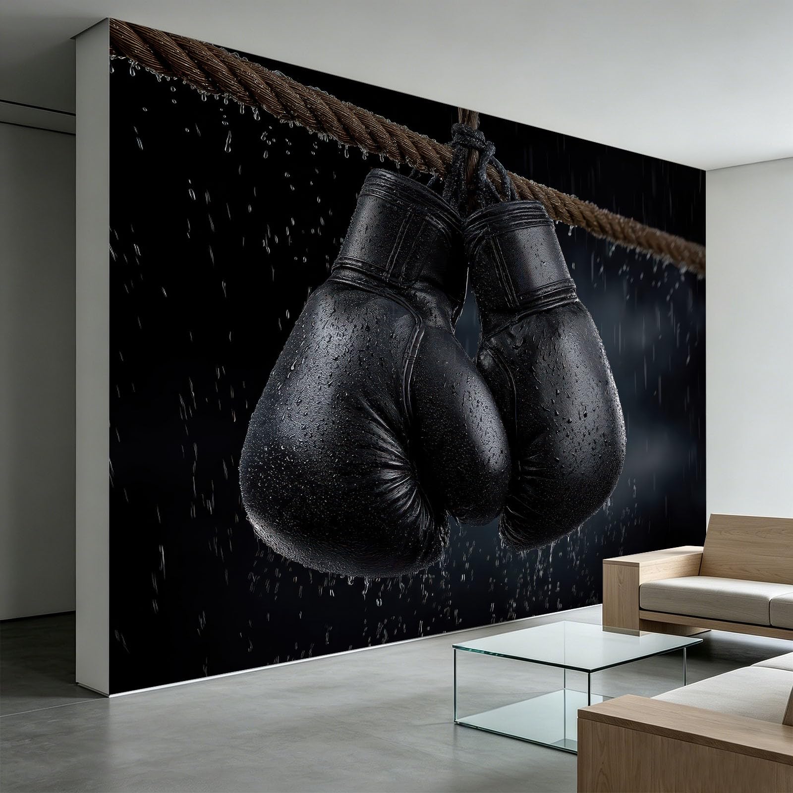 Czarne rękawice bokserskie, panorama, fototapeta, 250 x 175 cm, flizelina, sztuka ścienna, mural, zawody sportowe, fototapeta na siłownię, do klubu sportowego, na sofę, tło