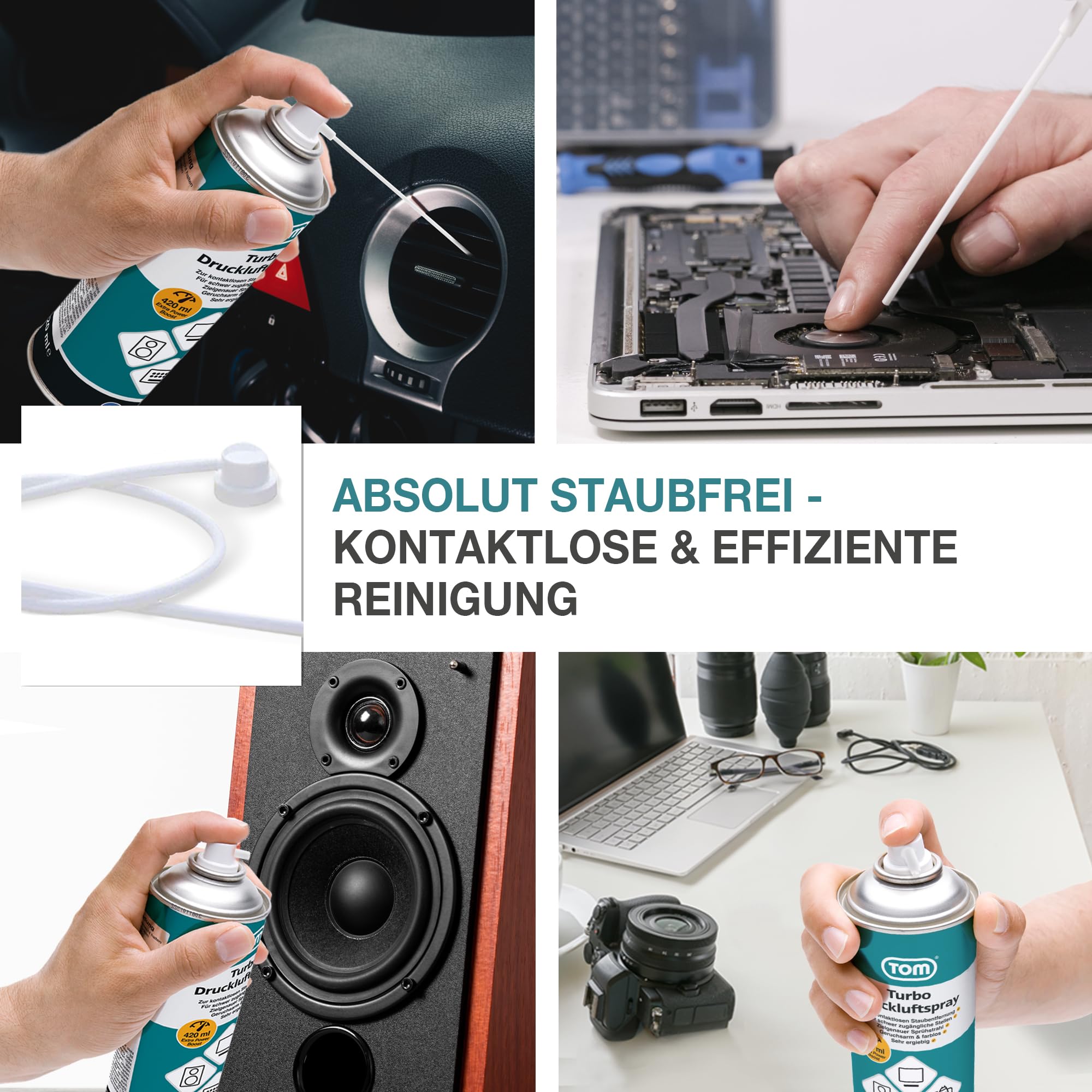 TOM 3 x oder 6 x 420 ml Power Druckluftspray – Air Duster – Reinigungsset mit 10 cm & 50 cm Sprühverlängerung – Druckluft aus der Dose – Reiniger für Tastatur, Laptop, Computer & co (6)