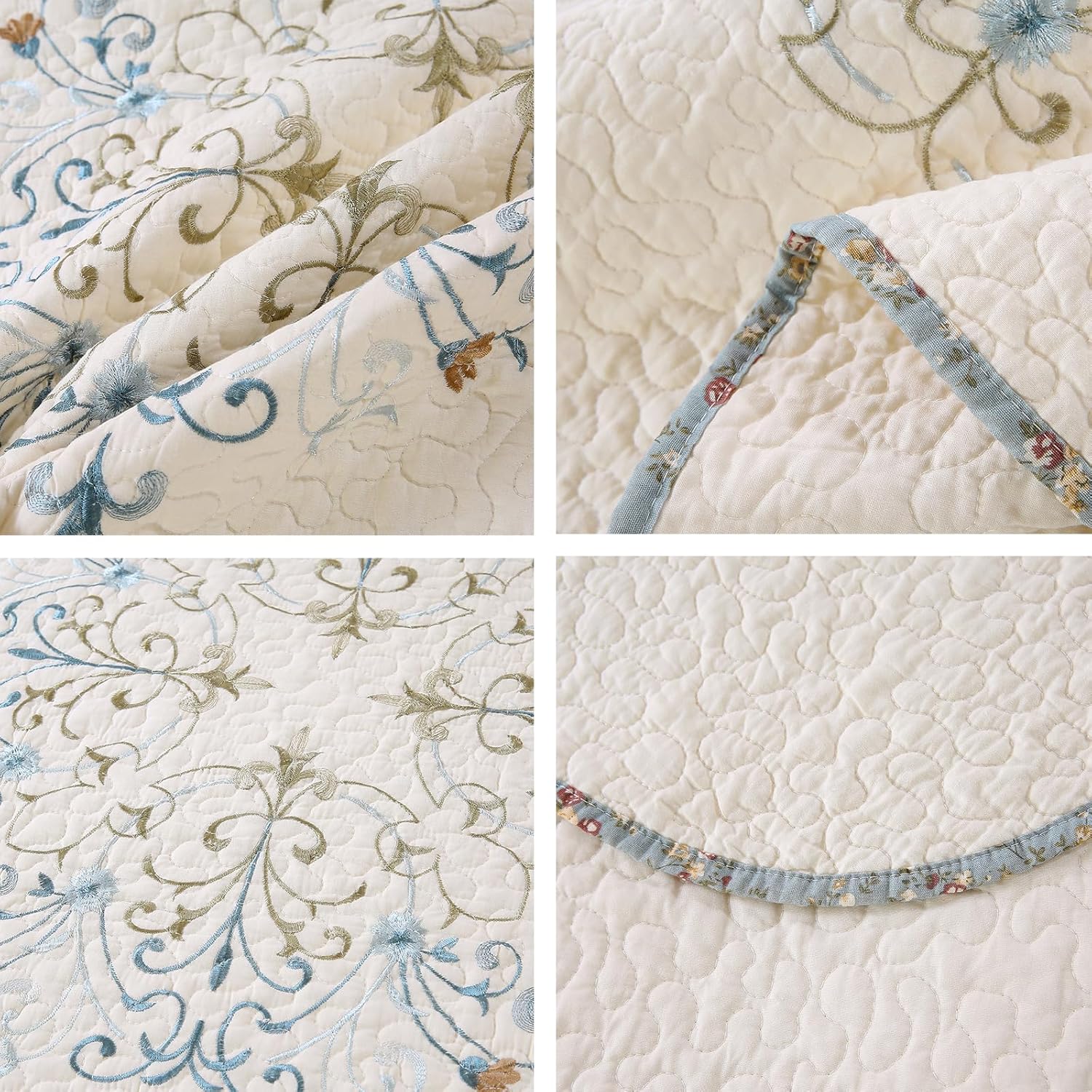 vctops Boho Floral Embroidered Quilted Bedspread Quilt Set 3-Piece Oversize Queen 100% Cotton Lightweight Reversible Coverlet for All Season (Flower,96"x110")