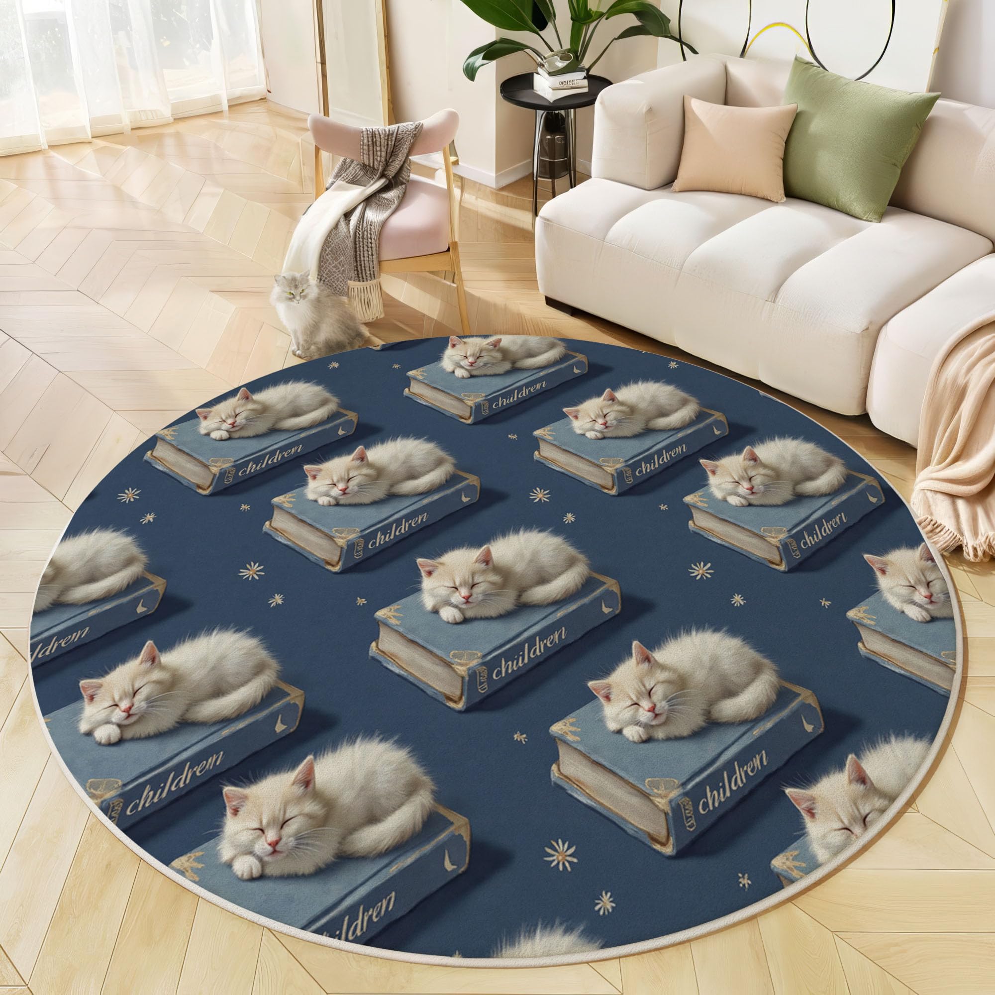 Tapis Rond De Chambre d'enfant 100 Cm - Chat Mignon Livres Bleu Marine - Motif Animaux Ciel Étoilé - Moelleux Et Antidérapant - Tapis De Salon À Poils Courts - Lavable - Moderne Doux