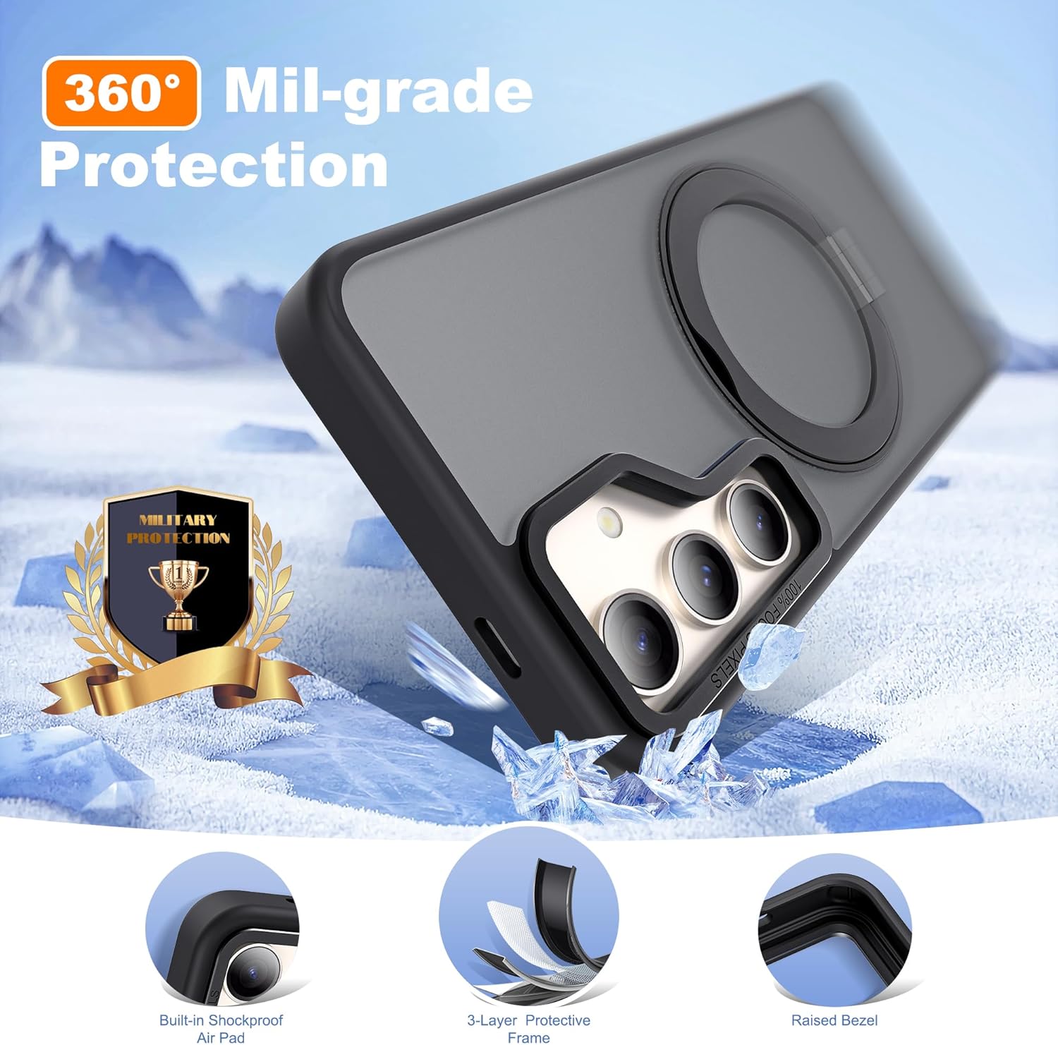 for Samsung Galaxy S23 Case with 360°Rotatable Magnetic Ring Stand Compatible with Mag-Safe Military Standard Protection Shockproof Matte Translucent Phone Cases for Samsung Galaxy S23,Black - Image 5