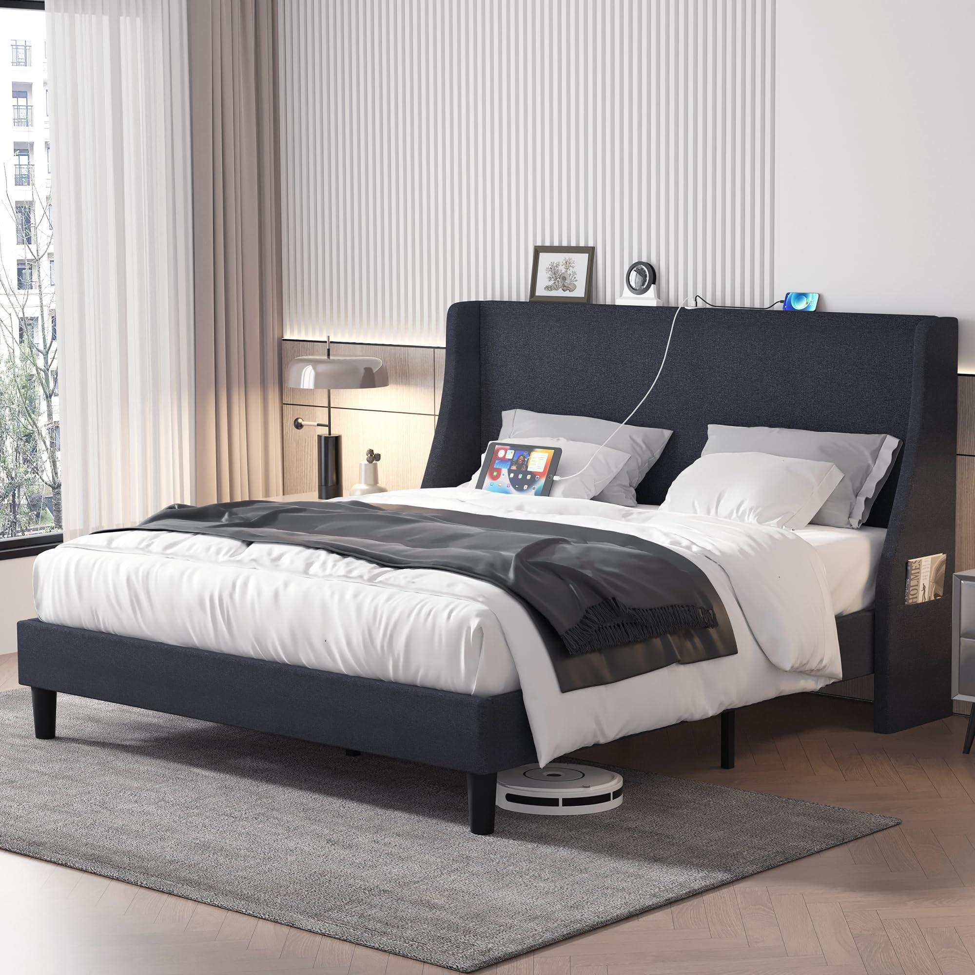 Amazon.com: VECELO Queen Bed Frame with Upholstered Wingback Headboard ...