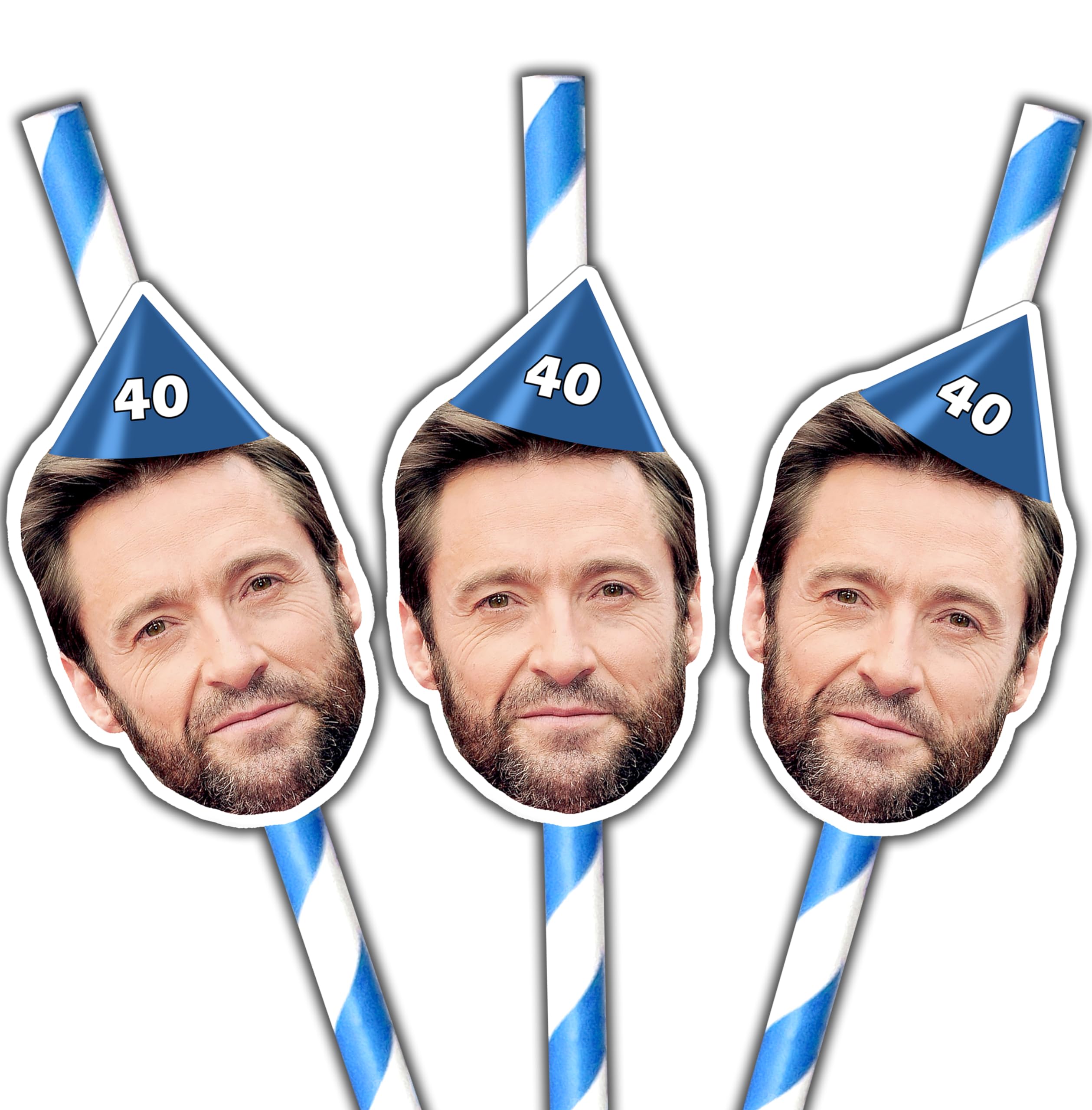 40 Personalised Photo Face Straws - Custom Cut-Outs of face of Your Choice - Optional Hat Design - Includes Fixings for You to Attach - Fun for Hen Party, Stag Do, Birthday etc (40 Straws) - Blue