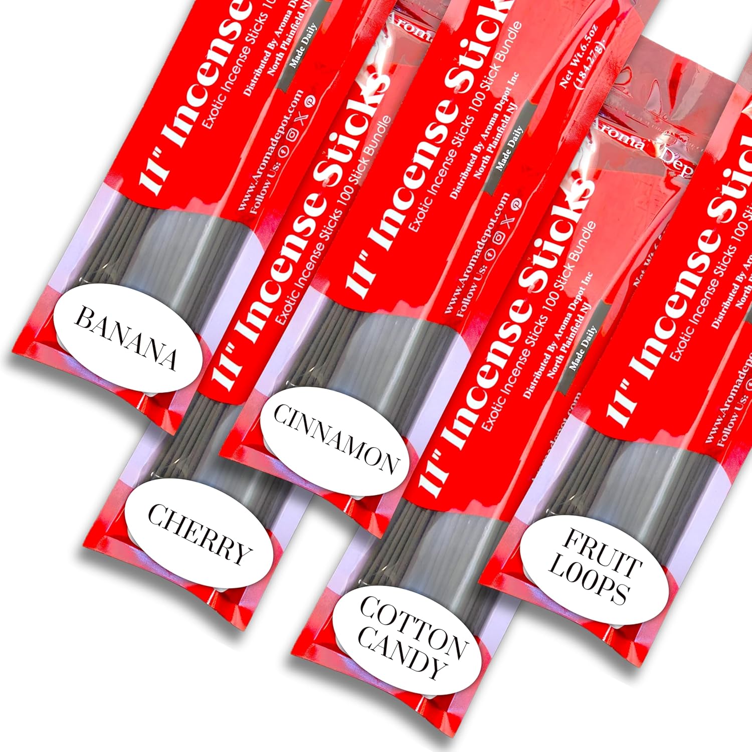 Fruit & Sweets 11'' Incense Sticks - Variety Set 500 Pack - 11 inch - 5 Bundles 100 Sticks Per Fragrance Scent. Set Features Banana, Cherry, Cinnamon, Cotton Candy, Fruit Rings Type
