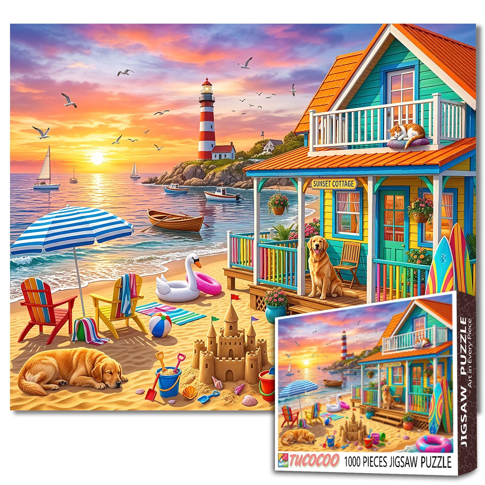 Beach House Jigsaw Puzzles for Adults 1000 Pieces Summer Vacation DIY Puzzles for Family Activity Games Coastal Lighthouse Art Jigsaw Puzzles Home Wall Decor Craft Gifts 19.7 x 27.6 Inch โ image 1