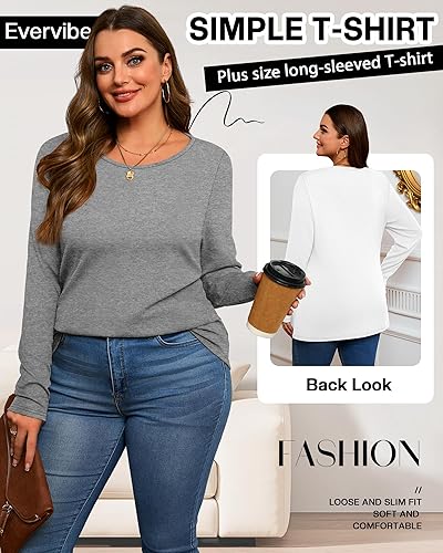 Miniatura 5 de Paquete de 3 camisas de algodón para mujer, talla grande, cuello redondo, manga larga, casual, ajustadas, camisetas de punto, blusas