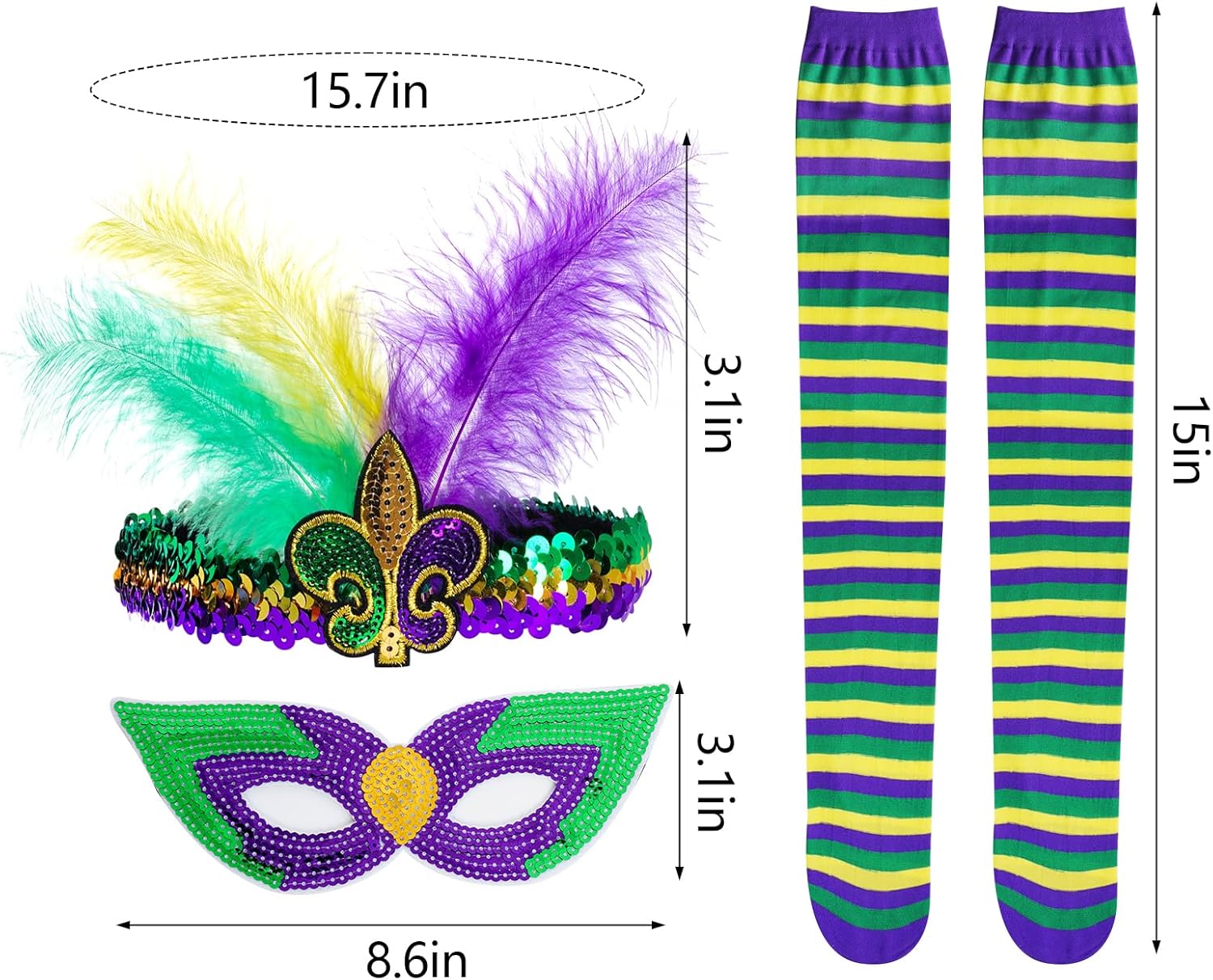 Mardi Gras Costume Accessory Set for Women Feather Headband Mask Necklace Durable Beads Tutu Skirt Socks for Parades and Party Celebrations - Image 5