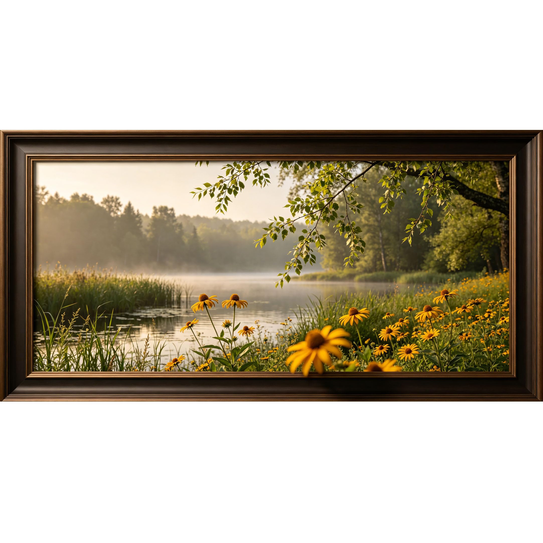 Agglomerix 3D Framed Wall Art Yellow Coneflower Lake Landscape Botanical Mist Birch Tree Large Size SelfAdhesive Removable Wall Decor Prints Artwork for Living Room Bedroom Office