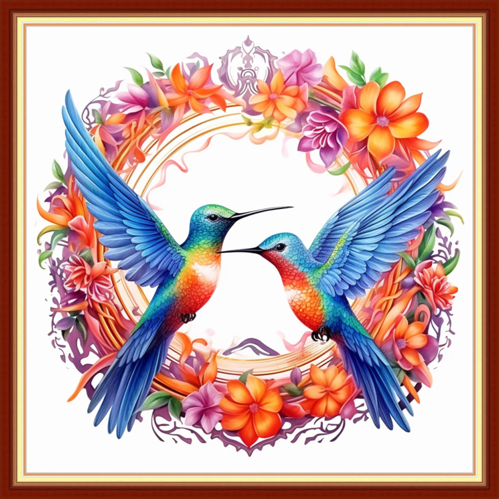 Foxdiviy Stamped Cross Stitch Kits - Flower Hummingbird 18x18 inch - Pre-printed Embroidery Patterns - Art Crafts DIY Needlework Starter Kits for Beginners Adults All Ages