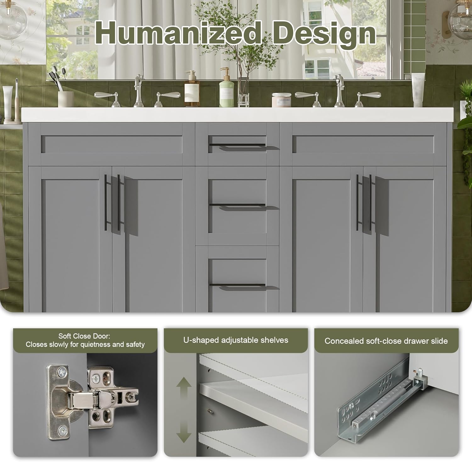 LUMISOL 60 Inch Grey Vanity with Double Sink, Modern Large Bathroom Vanity with 3 Drawers & 4 Soft-Close Doors, Solid Wood Bathroom Cabinet with Double SMC Sink, Grey