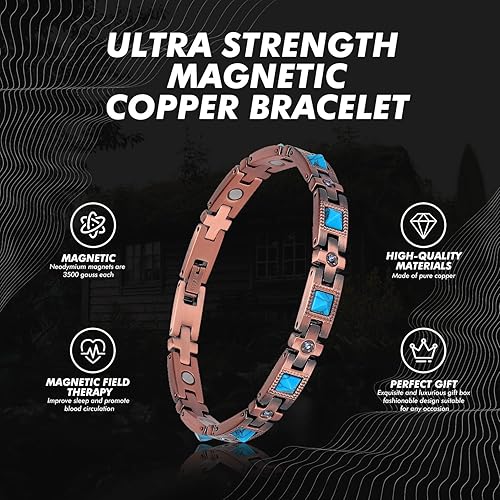 Miniatura 2 de Pulsera ajustable de cristal turquesa de cobre puro para mujer, curación, terapia magnética, alivio de artritis, dolor, túnel carpiano, pulsera