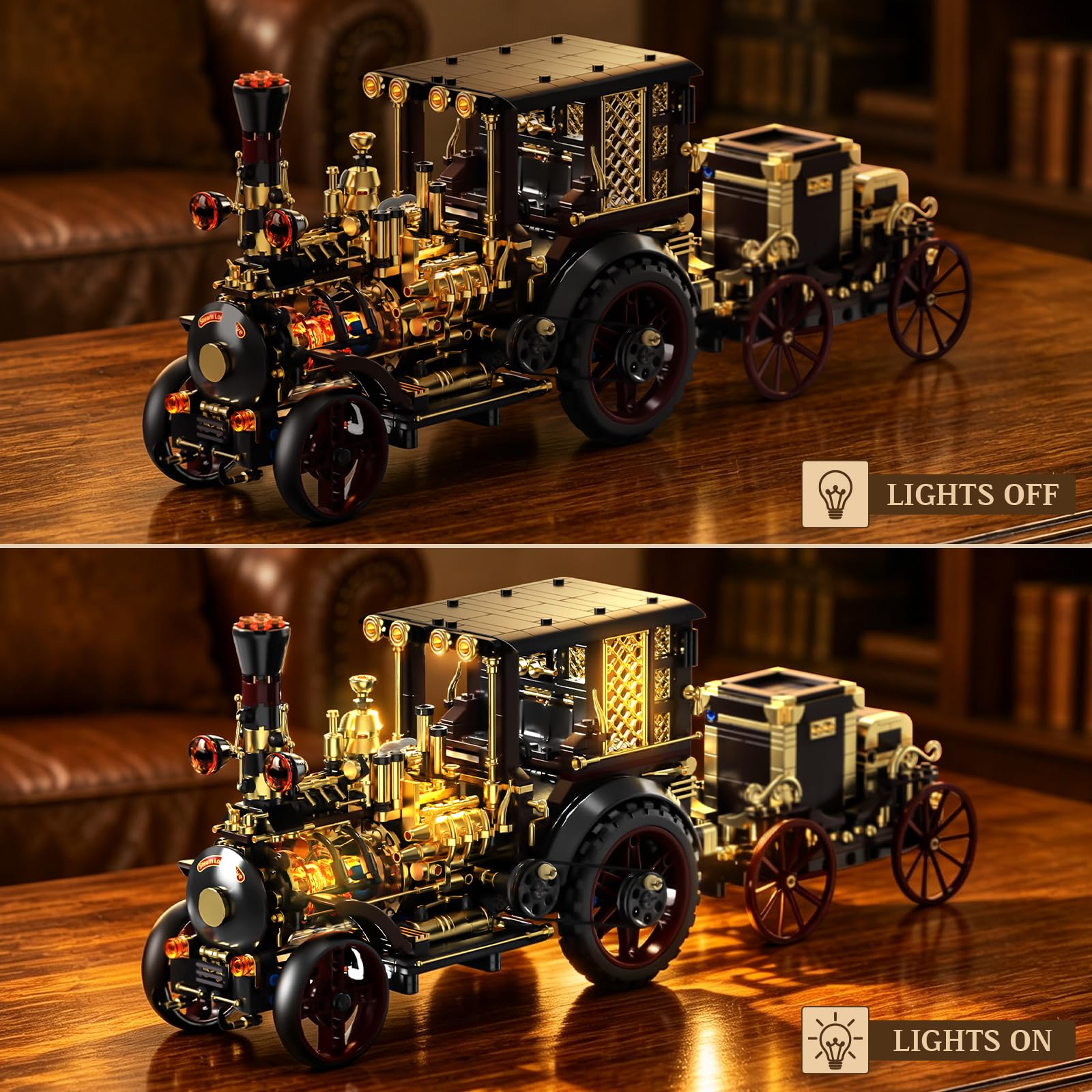 Vziimo Retro Dampfauto Bausteine für Erwachsene, MOC Oldtimer Bausatz mit Beleuchtung, Steampunk Fahrzeug Modellbausatz, Sammel und Ausstellungsgeschenke für Liebhaber antiker Fahrzeuge (1331 Teile)