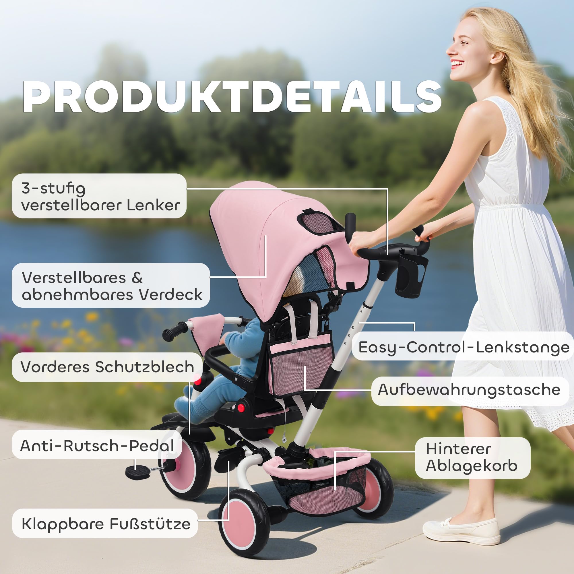 AIYAPLAY Dreirad 6in1 mit Schubstange für 1-5 Jahre Faltbar Kinderdreirad mit drehbarem Sitz, Korb, Tasche, Getränkehalter, klappbar Sonnendach, Sicherheitsgurt Rosa