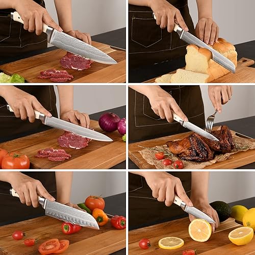 Miniatura 4 de Damasco - Juego de cuchillos de cocina, 9 piezas con bloque, mango ergonómico de triple remache ABS blanco para cuchillos de chef, afiladores y
