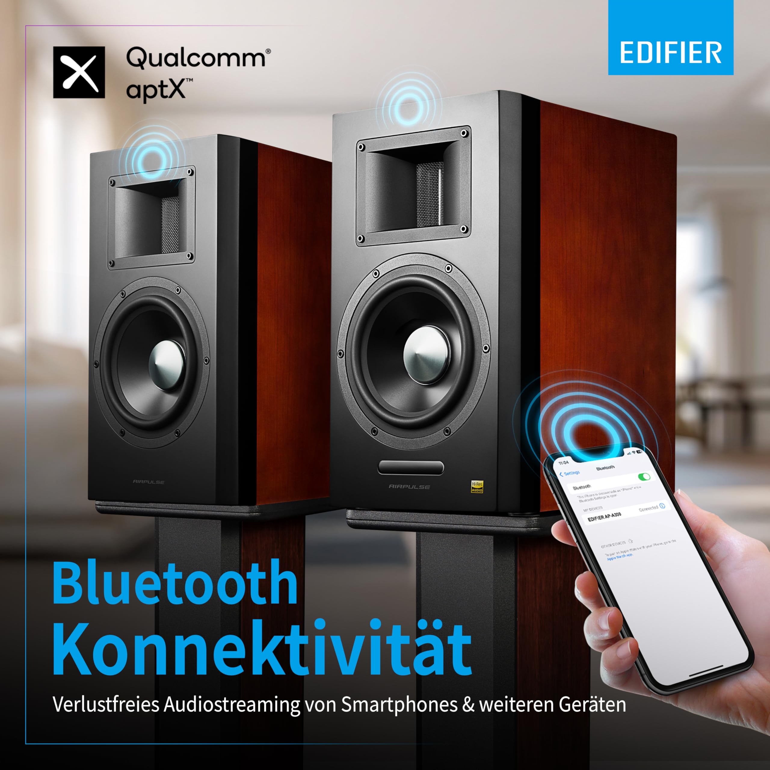 EDIFIER AIRPULSE A300 - 2.0 Studiomonitore (160W) mit Bluetooth V5.0 (aptX), Bändchen-Hornhochtöner für präzise und klarste Höhen, vielseitige Anschlussmöglichkeiten, inkl. Fernbedienung