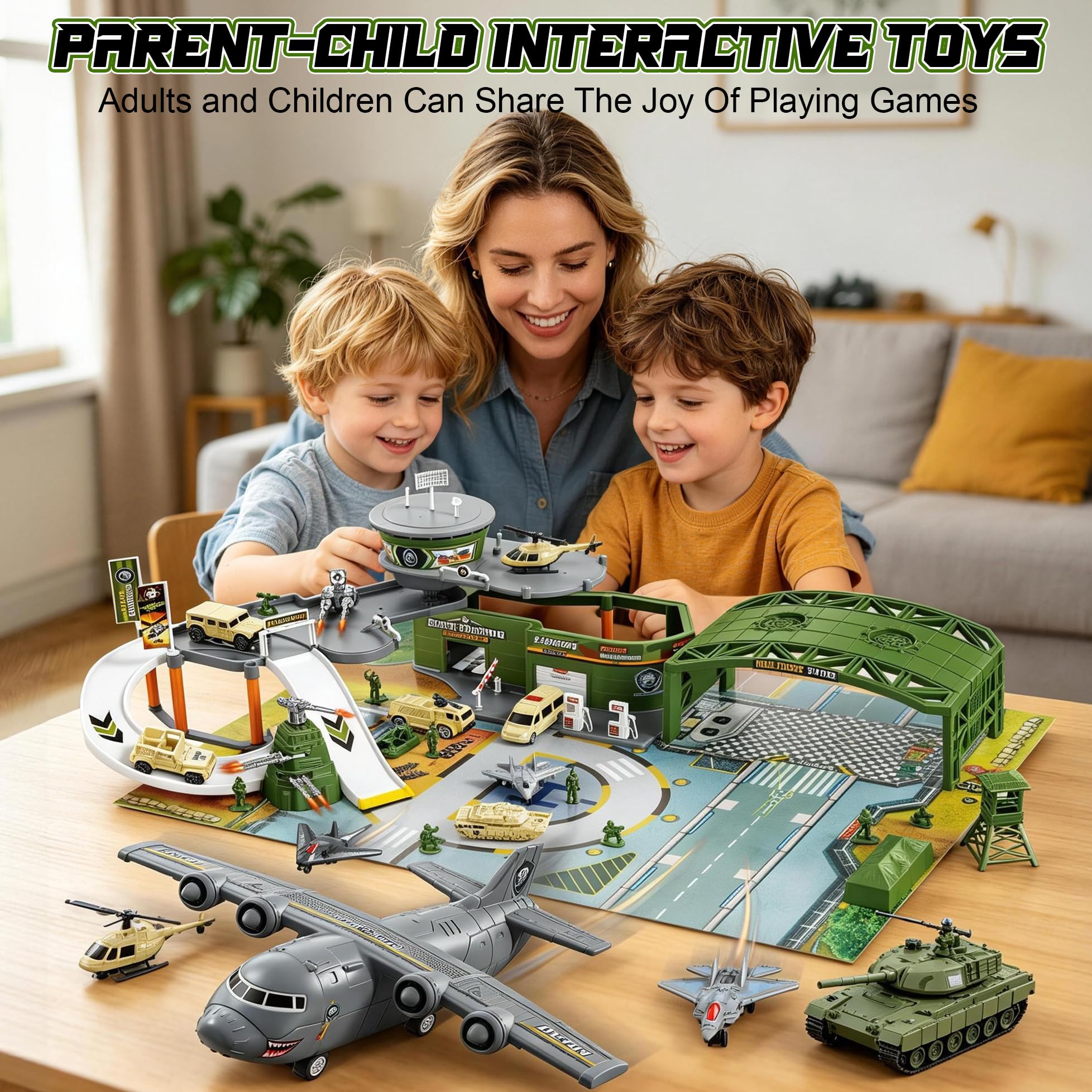 Gioco di base militare con torre di comando, carri armati, elicotteri e aerei, giocattolo educativo per bambini dai 3 anni