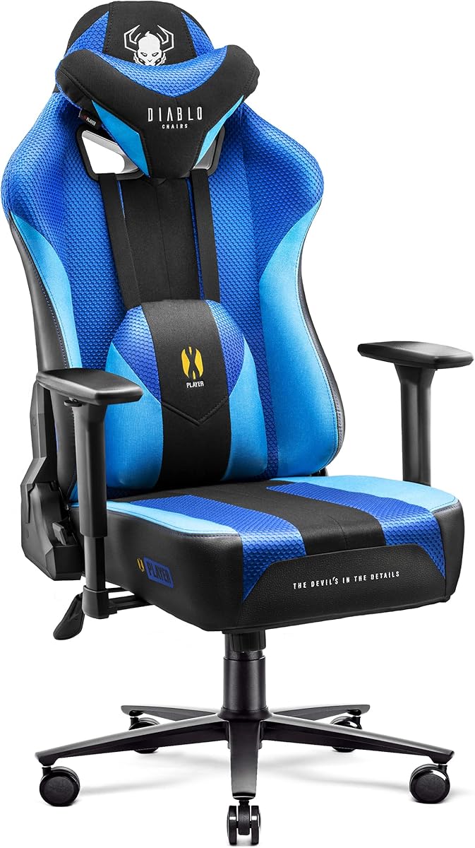 Diablo Gaming Stuhl Stoff X-Player 2.0 - Breite Sitzfläche - Gaming Chair mit 3D Armlehnen - Nacken/- Lendenkissen Wippfunktion - Bürostuhl 160 kg - Pc Gaming Stuhl Ergonomisch - King (XL)