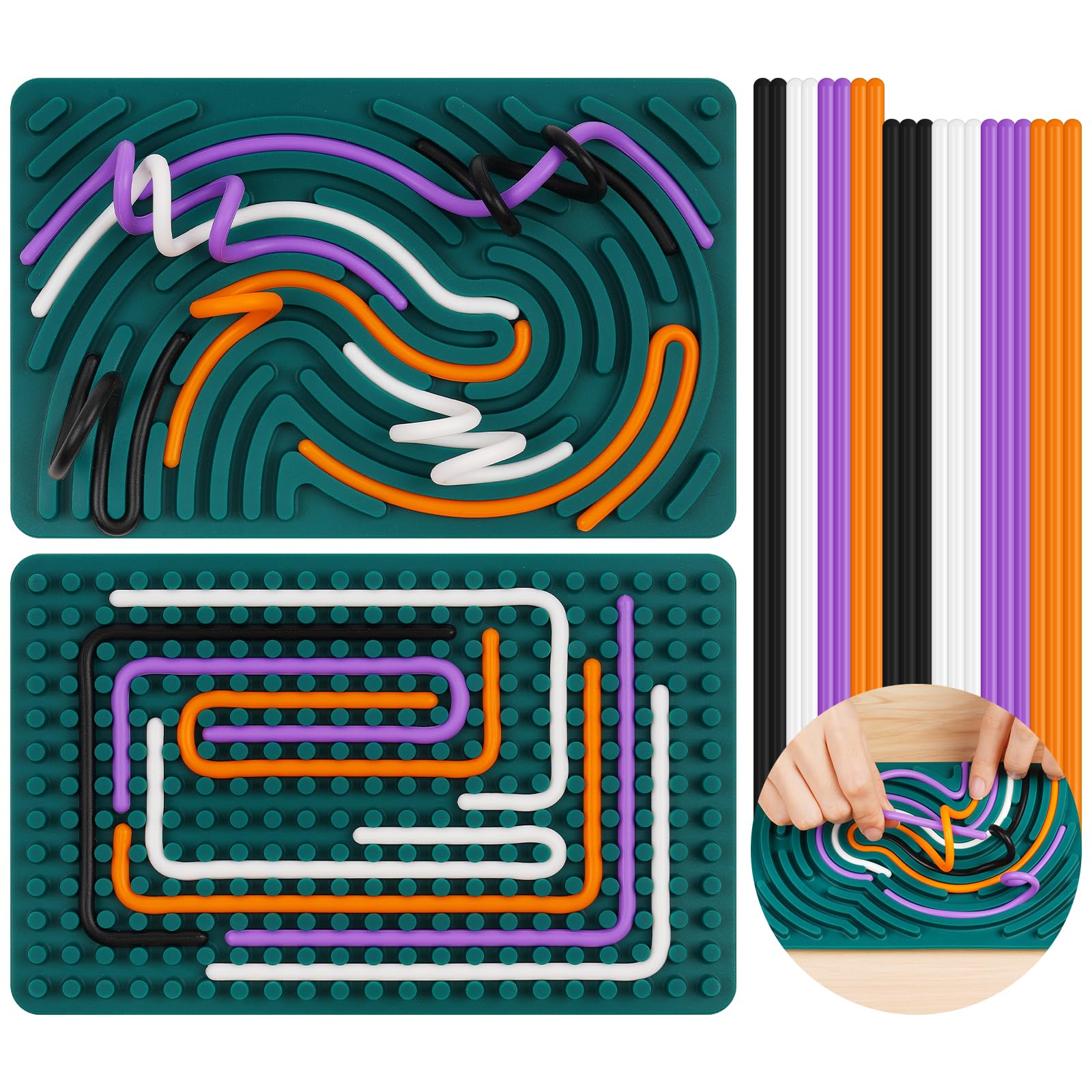 AUAUY Sensory Activity Board for Stress Relief, Silicone Calm Down Fidget Toy, Double-sided Design Sensory Board with Portable Bag & 20 Strings, for Kids 3+ & Adults Travel Calming ADHD Autism, Green